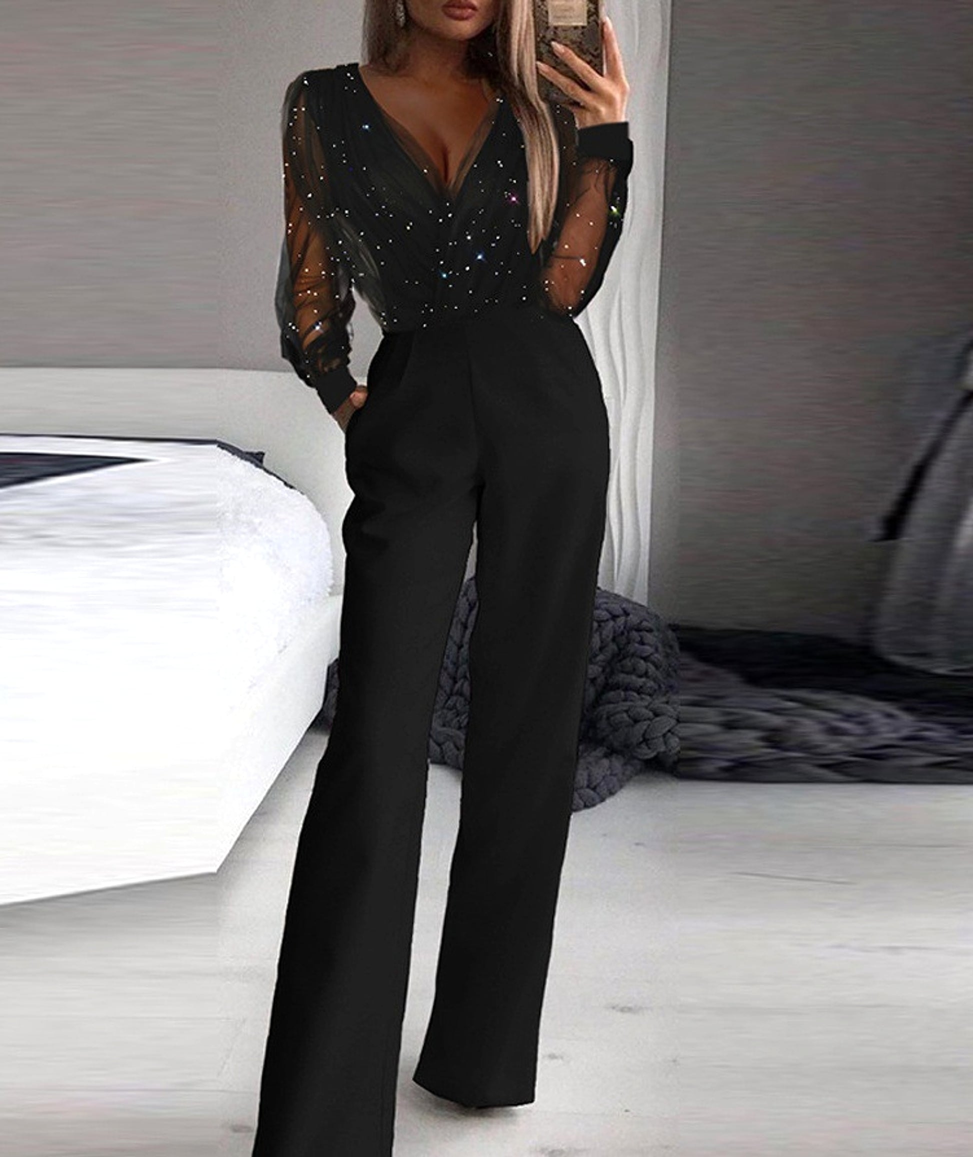 Trendy Shiny Mesh Dusting Powder Stitching High-end Elegant Jumpsuit - enhanced image 5
