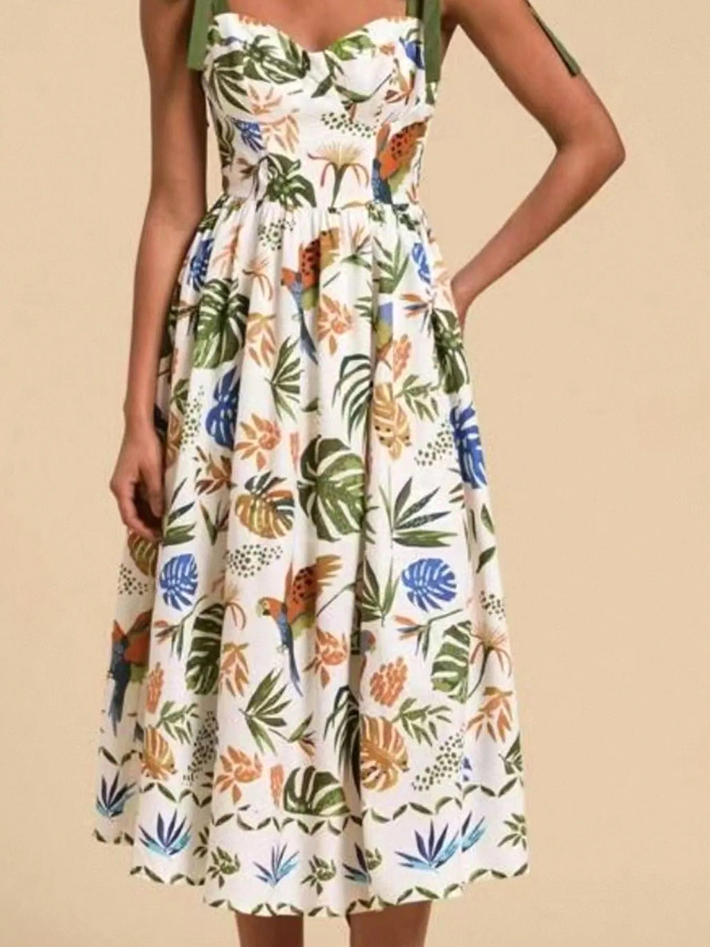 Tropical Print Tie-Shoulder Sweetheart Neck Midi Dress - enhanced image 5