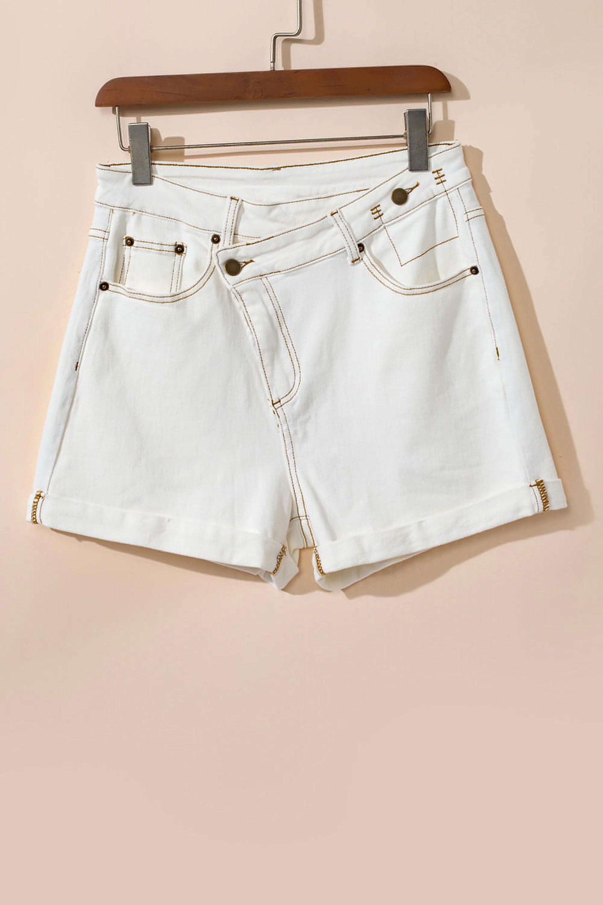 White Asymmetric Waist Design Stylish Denim Shorts - enhanced image 5