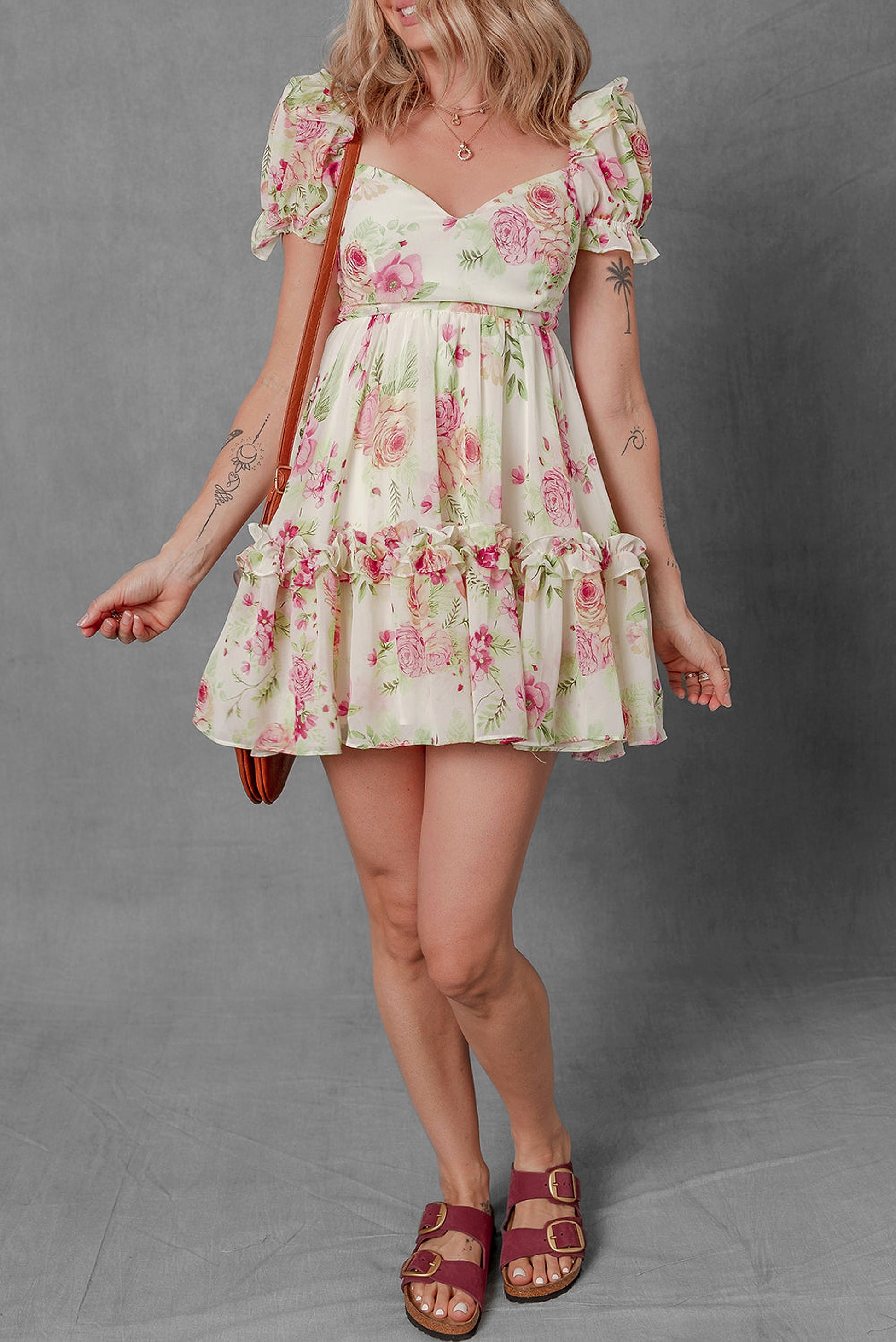 White Vibrant Floral Bubble Sleeve Sweetheart Neck Ruffle Mini Dress - enhanced image 5