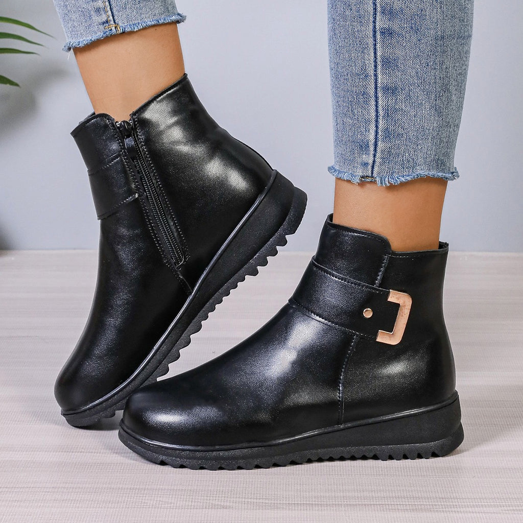 Winter Fleece Boots With Side Zipper Design Fashion Simple Non-slip Ankle Boots For Women Warm Pu Leather Shoes - enhanced image 5