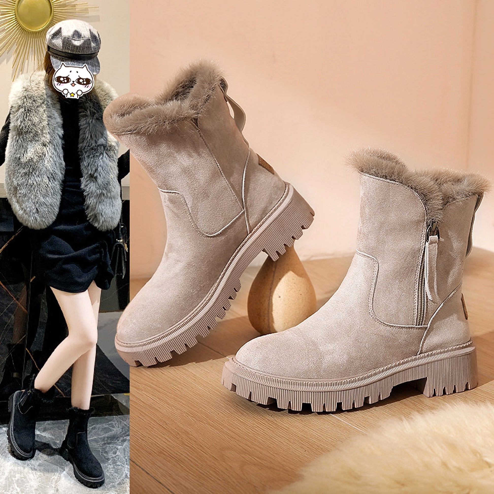 Women's Cotton-padded Shoes Winter New Fur Snow Boots Fleece-lined Casual Martin Boots - enhanced image 5
