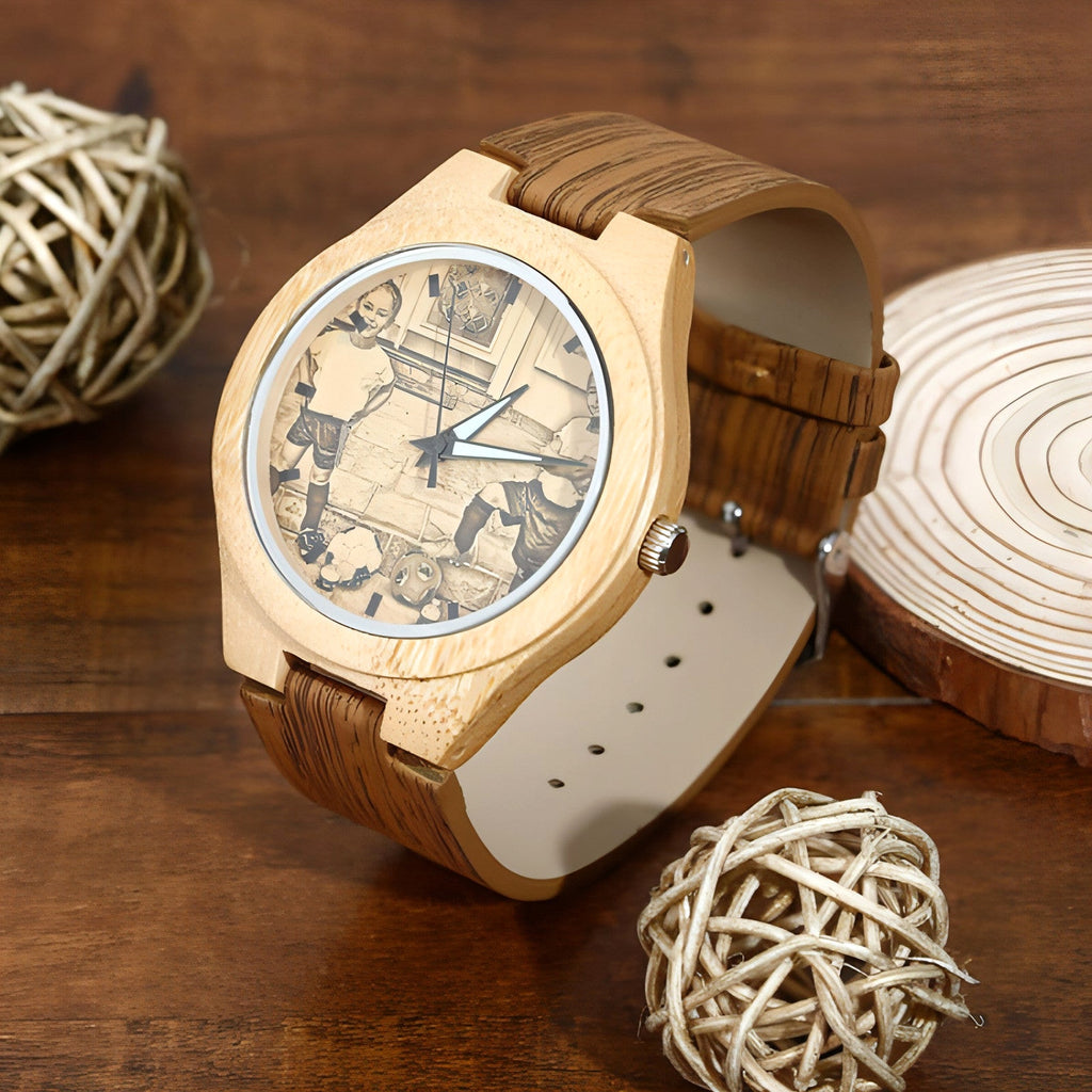 Engraved Bamboo Photo Watch Wooden Leather Strap 40mm - enhanced image 5
