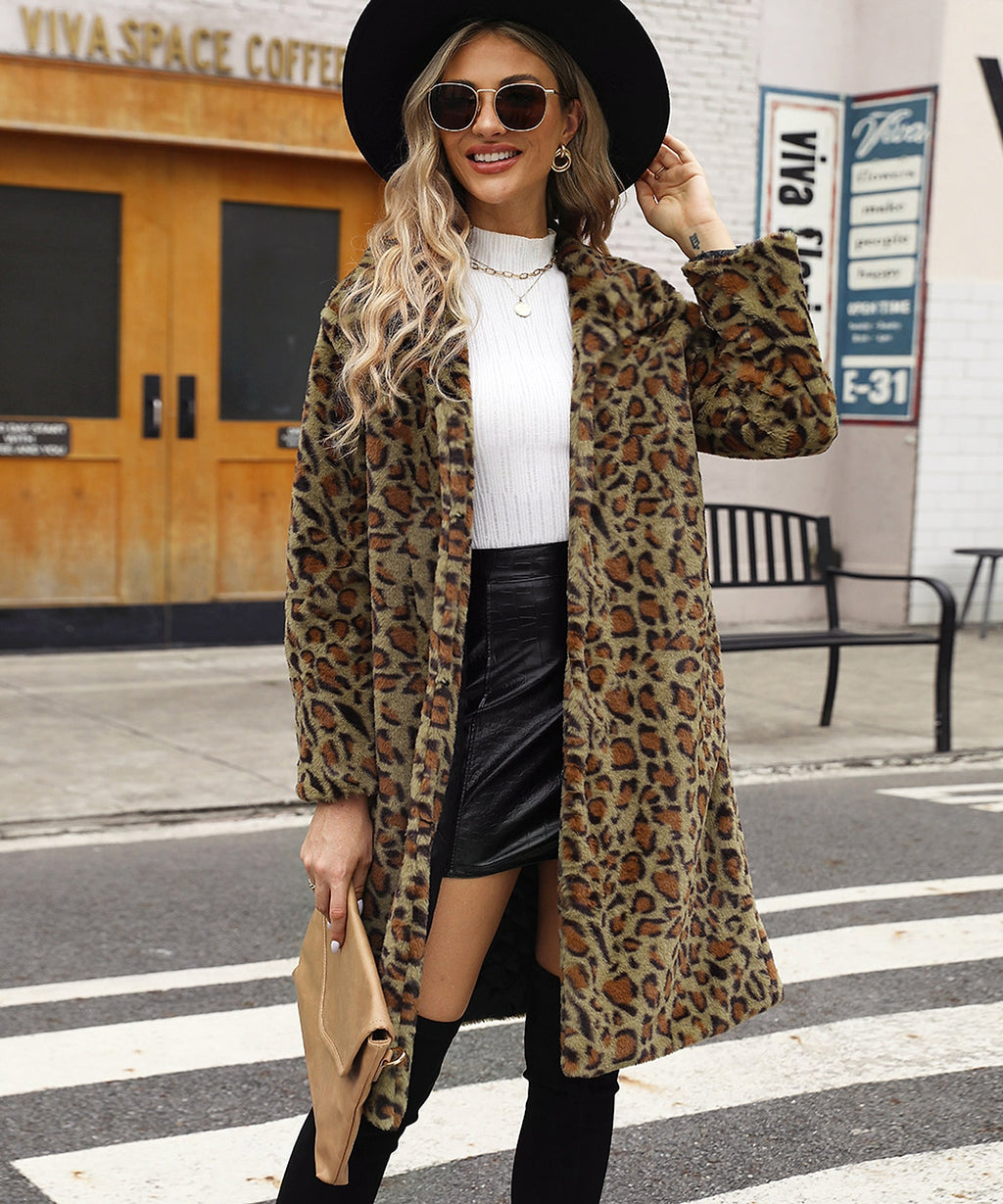 Women's Leopard Print Imitation Fur Plush Lapel Coat - enhanced image 5