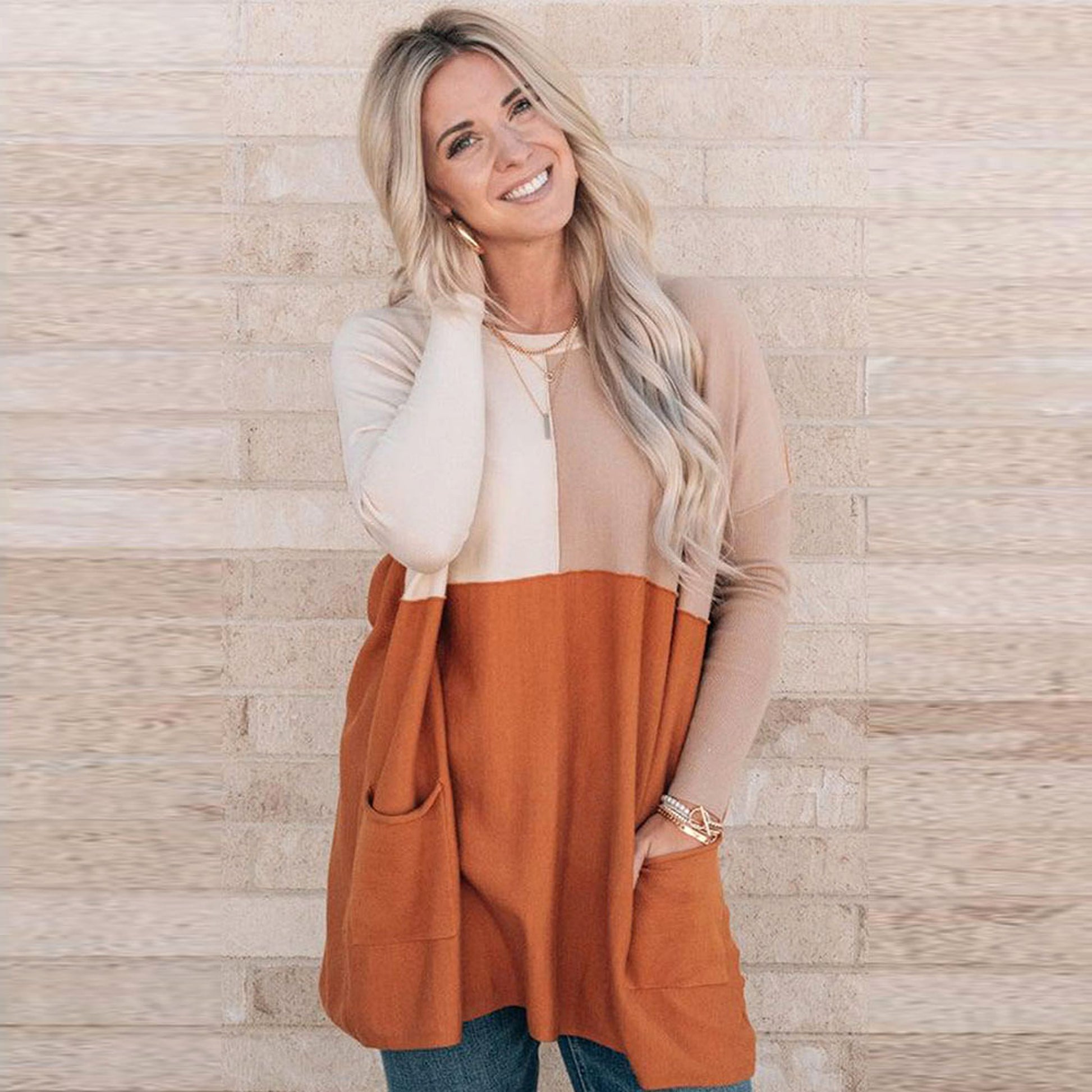 Women's Orange Pocket Color Matching Long-sleeved Top T-shirt - enhanced image 5