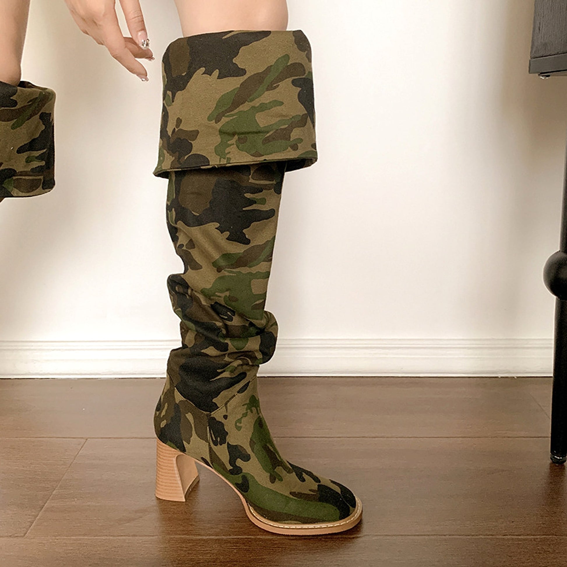 Women's Round Head Camouflage Denim Chunky Heel Long Boots - enhanced image 5