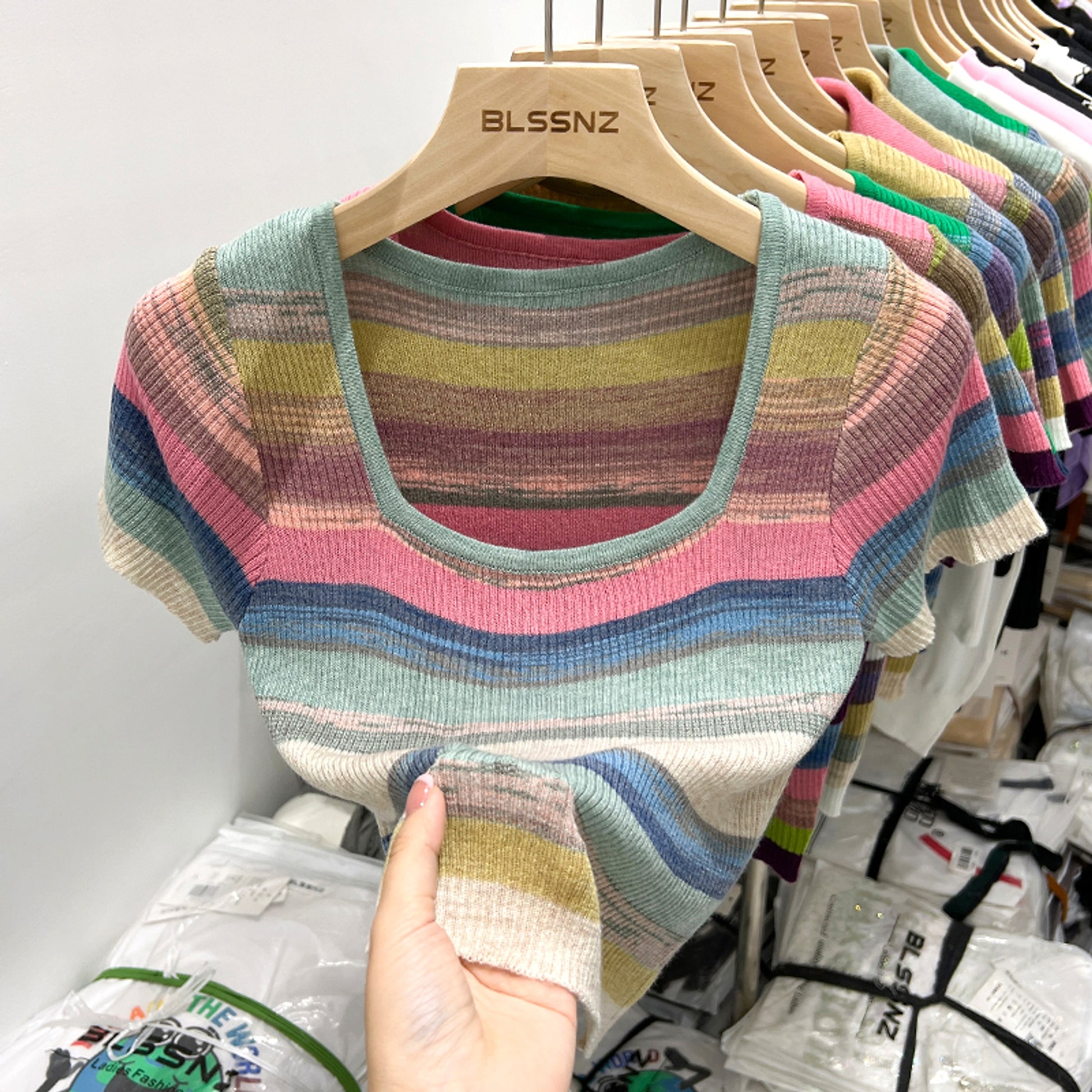 Women's Short Sleeve Square Collar Striped Ice Silk Knitted Sweater - enhanced image 5