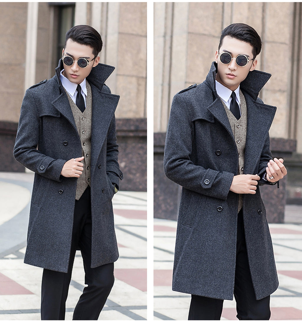 Woolen Striped Double Breasted Trench Coat Men - enhanced image 5