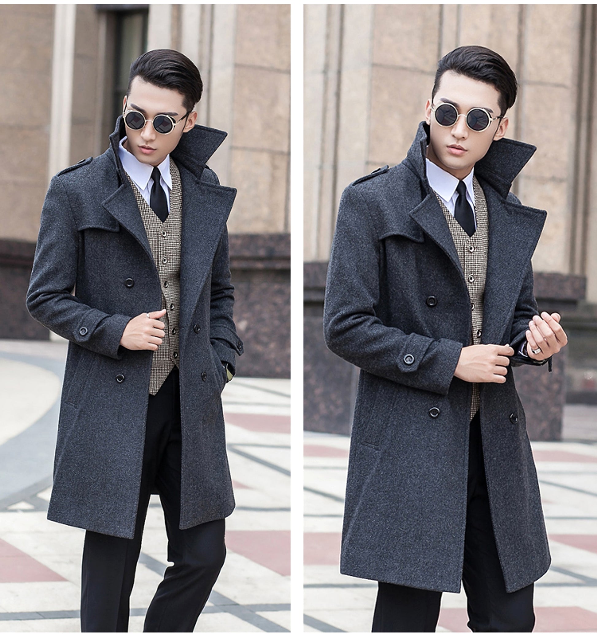 Woolen Striped Double Breasted Trench Coat Men - enhanced image 5