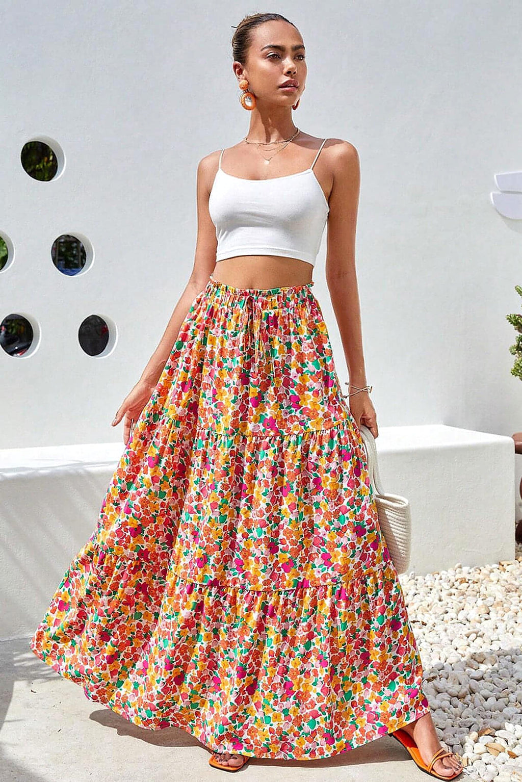 Yellow Boho Floral Print Tiered Long Skirt - enhanced image 5