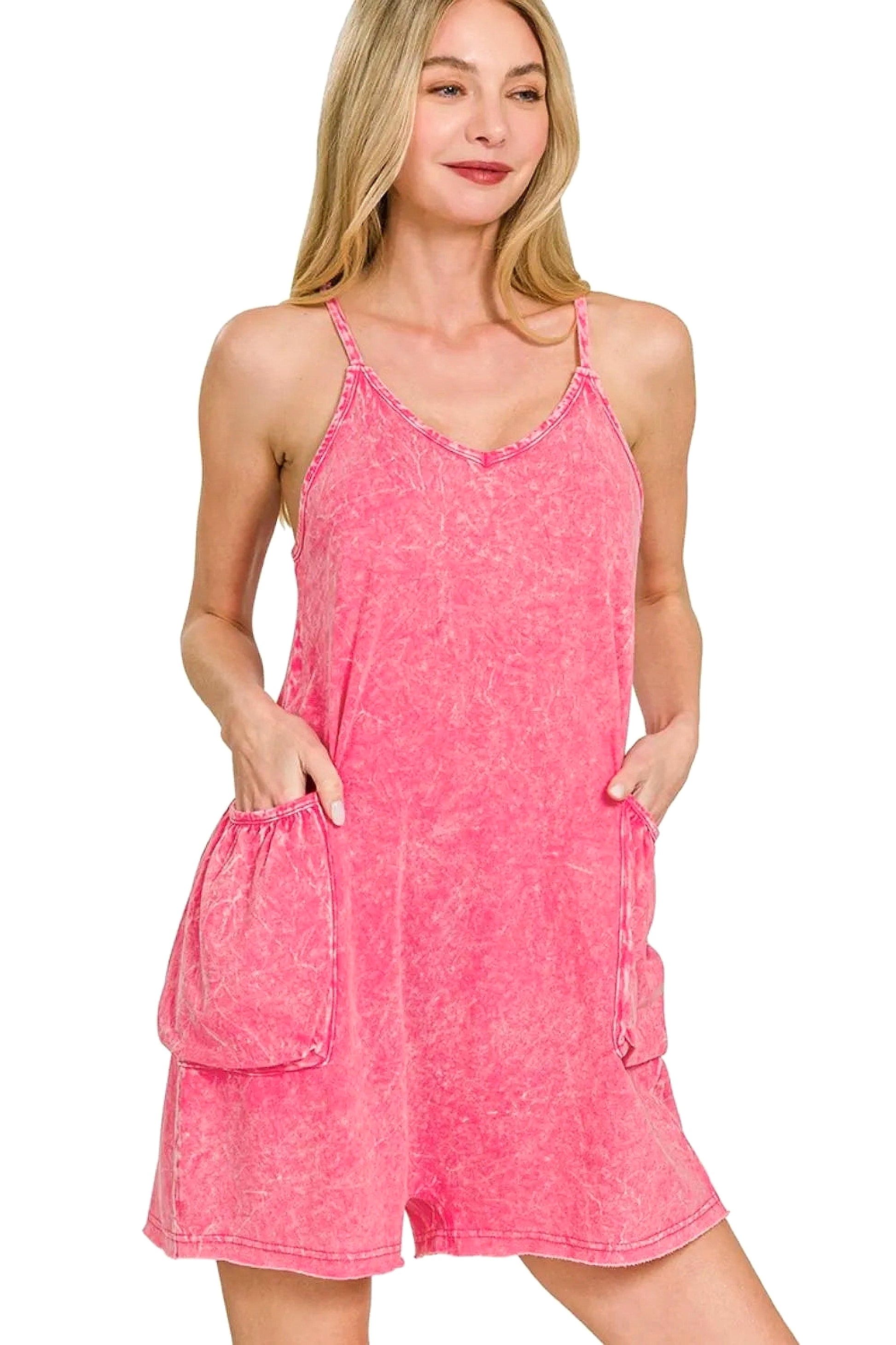Zenana Acid Crinkle Washed Spaghetti Strap Romper - enhanced image 5