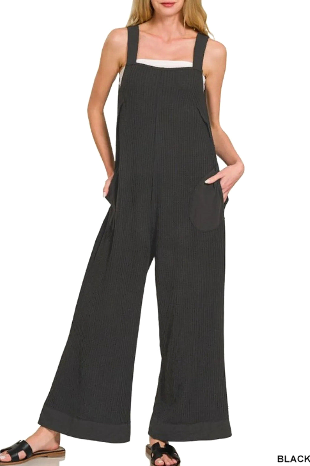 Zenana Knit Waffle Wide Leg Overalls - enhanced image 5