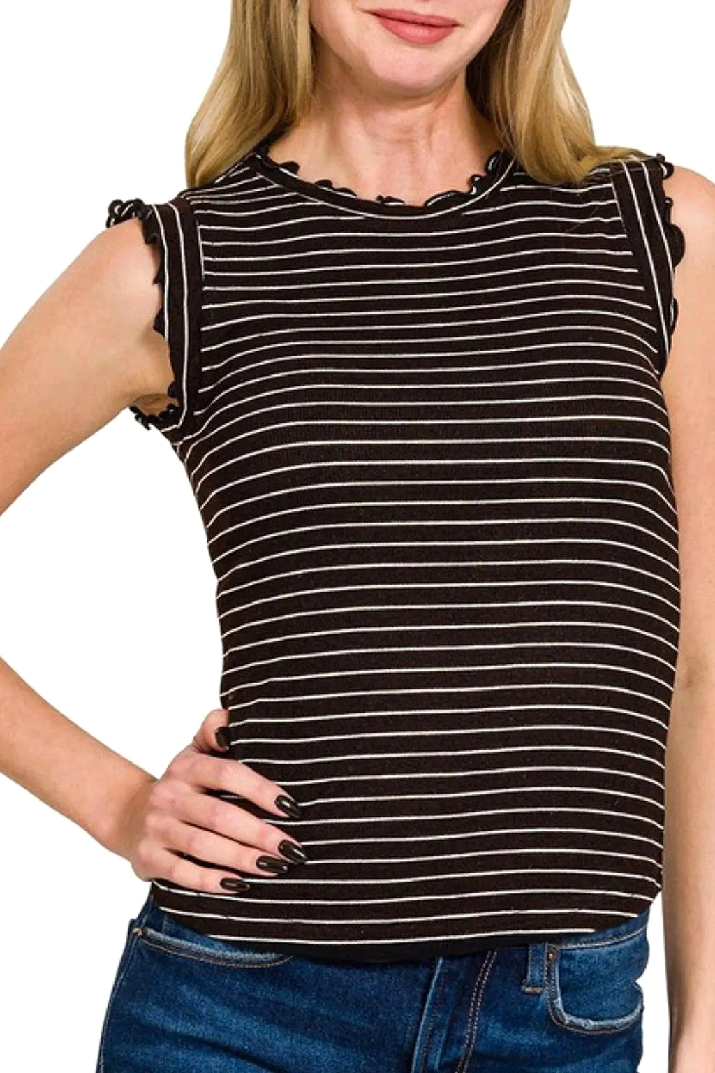 Zenana Ribbed Ruffle Trim Sleeveless Stripe Top - enhanced image 5