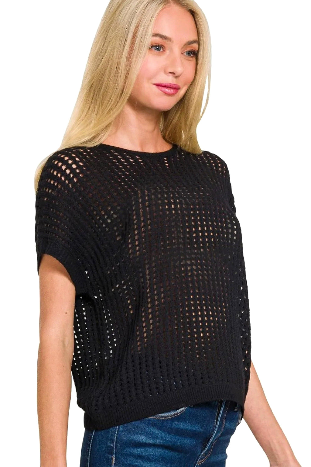 Zenana Viscose Crochet Knit Sheer Hollow Sweater - enhanced image 5