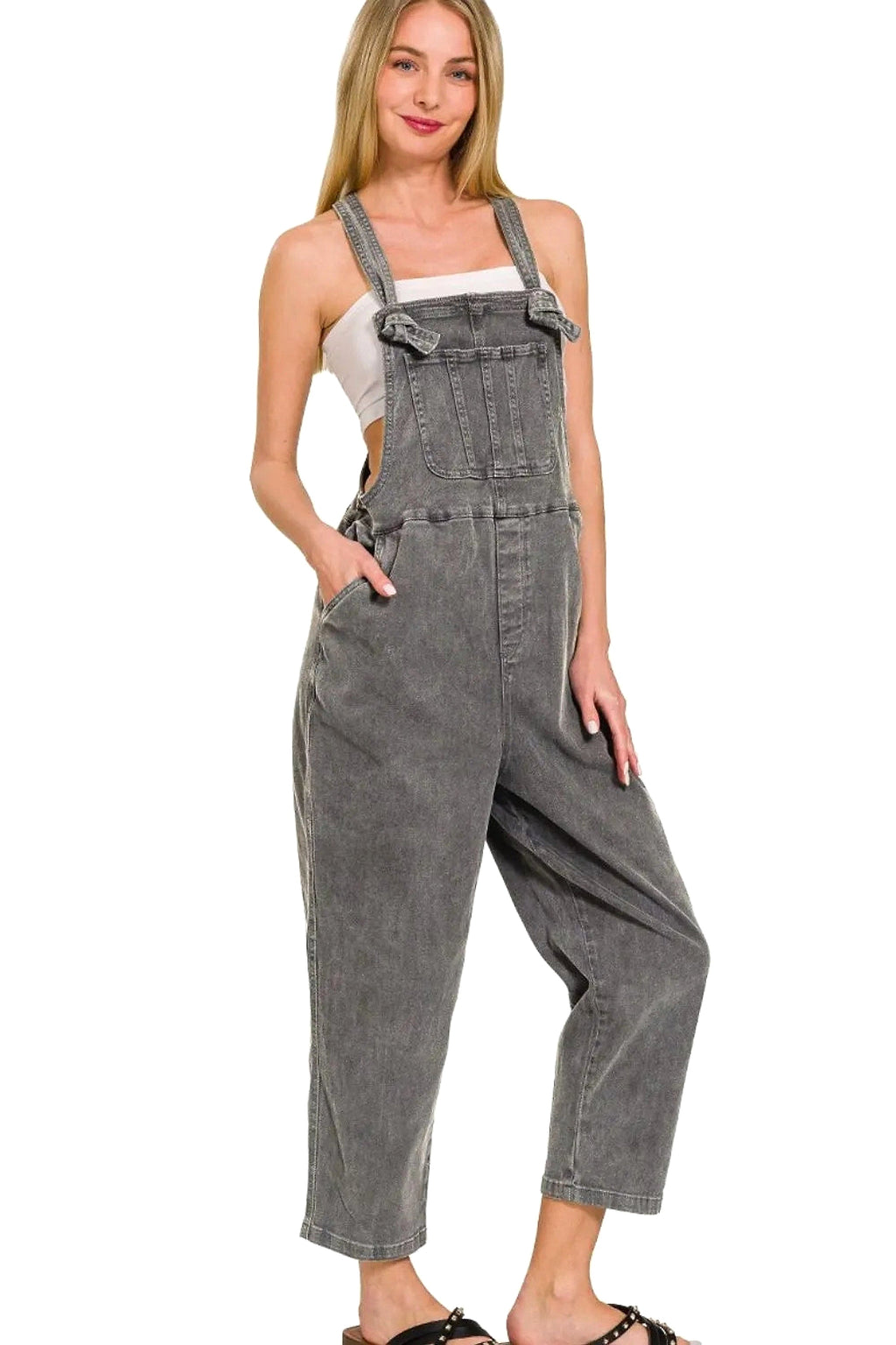 Zenana Washed Knot Strap Relaxed Fit Overalls - enhanced image 5