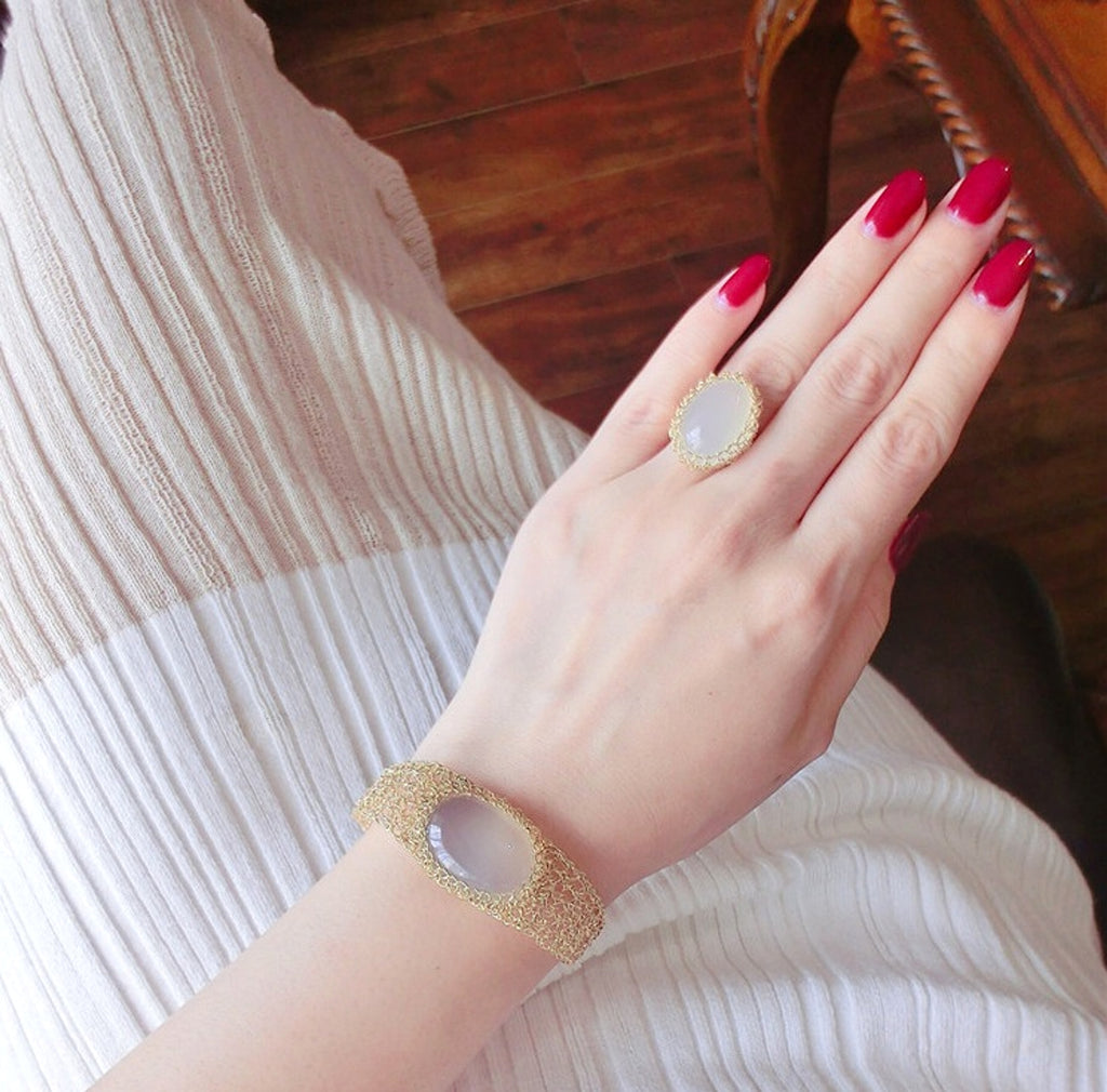 14k Gold Wire Natural White Chalcedony Bracelet - enhanced image 6