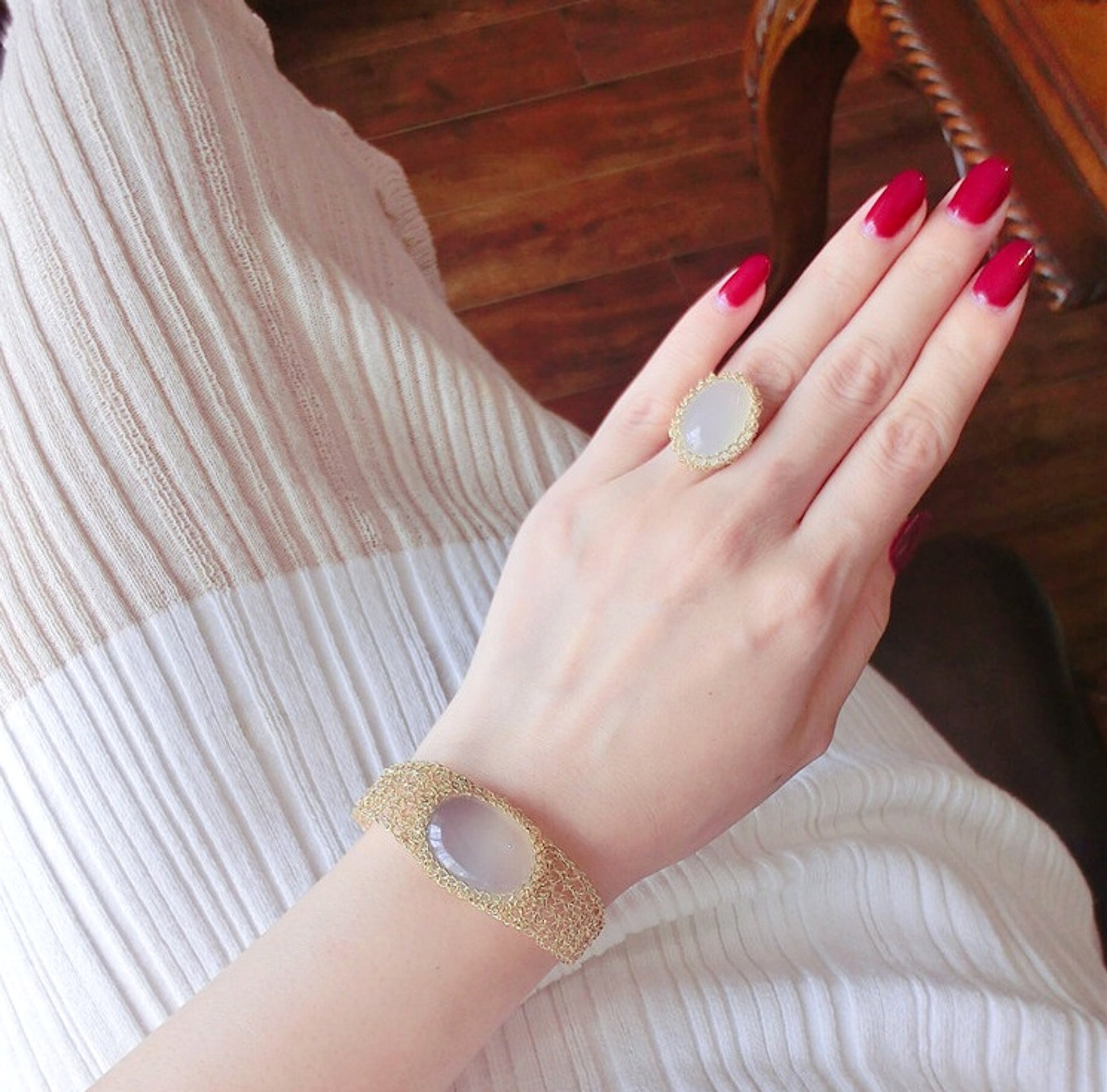 14k Gold Wire Natural White Chalcedony Bracelet - enhanced image 6