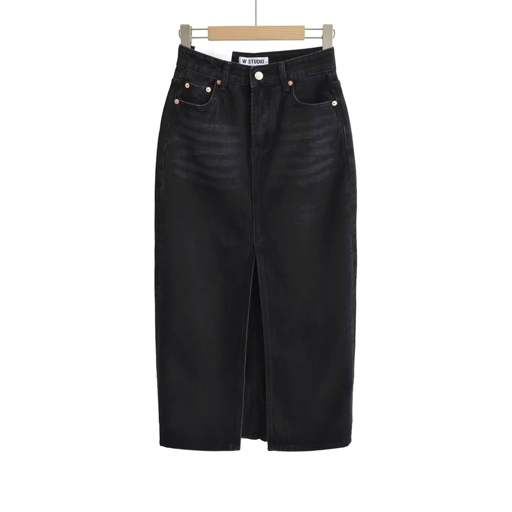 A1. Front Slit Hem Lock Street Denim Skirt - enhanced image 6