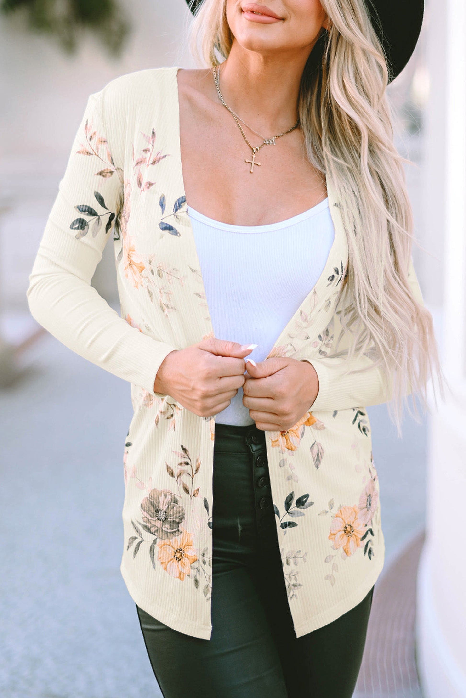 Apricot Floral Print Ribbed Knit Slim Fit Cardigan - enhanced image 6