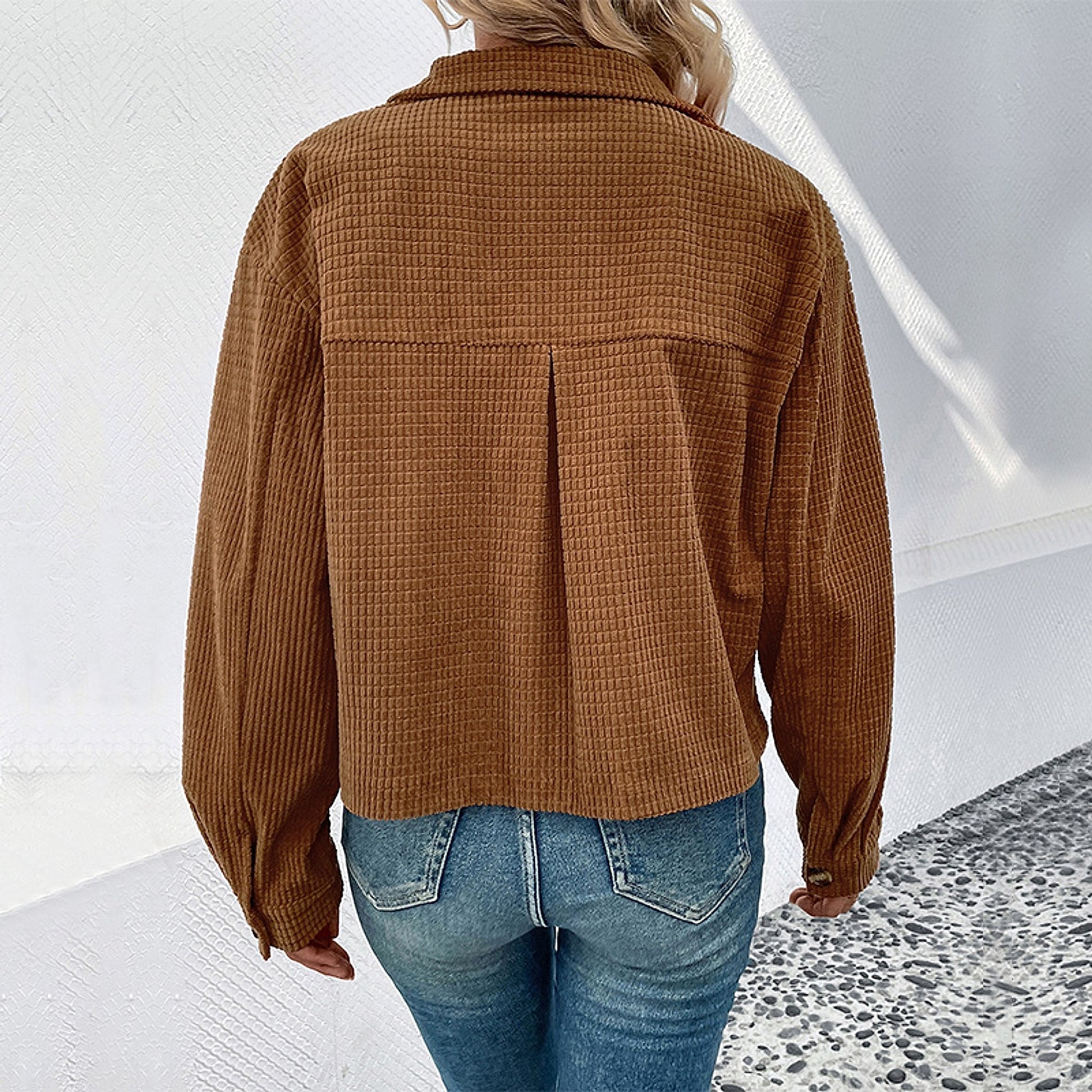 Autumn And Winter Corduroy Polo Collar Jacket Vintage Brown Pocket Coat Women - enhanced image 6