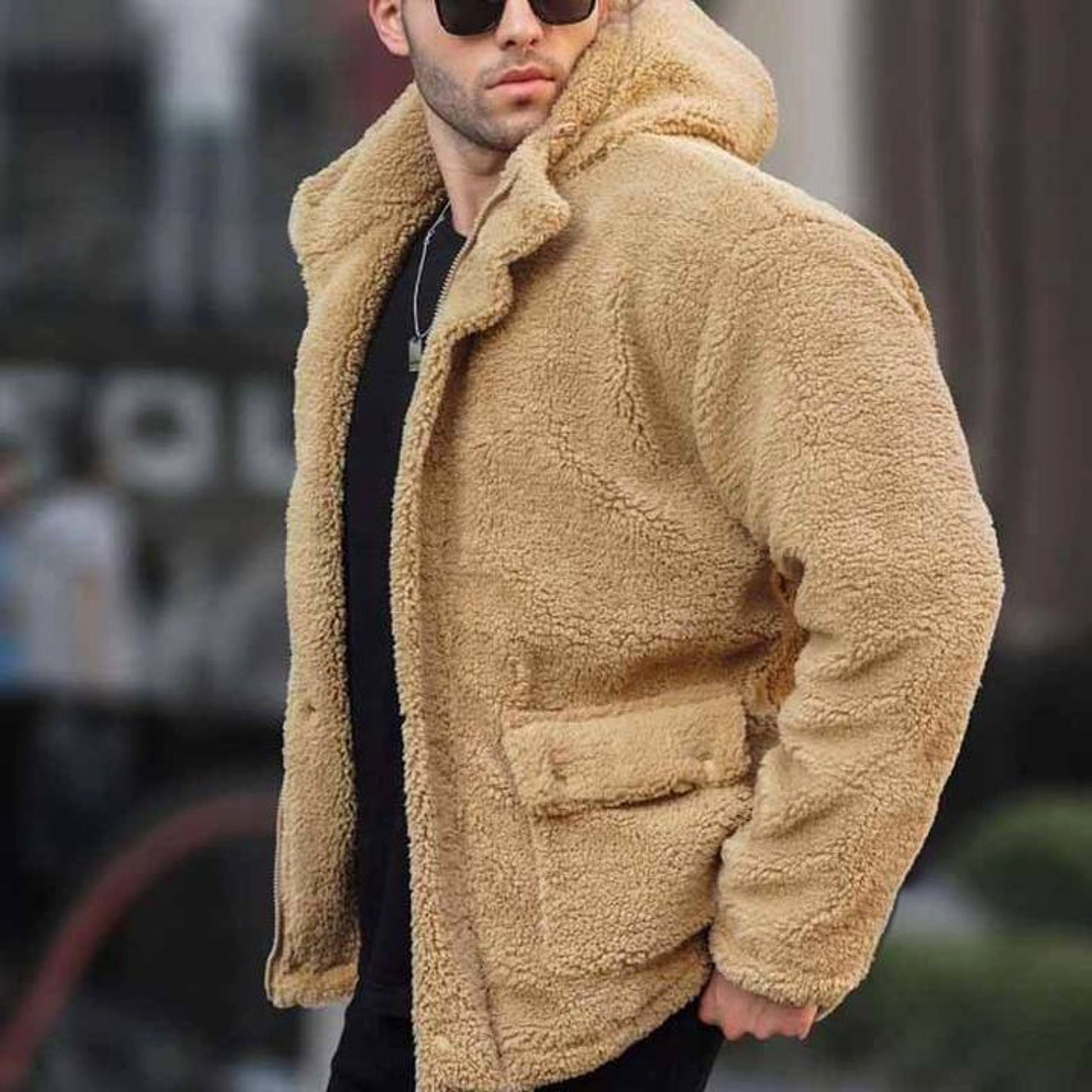 Autumn And Winter Men's Hooded Solid Color Coat Jacket Polar Fleece European And American Leisure Trendy - enhanced image 6