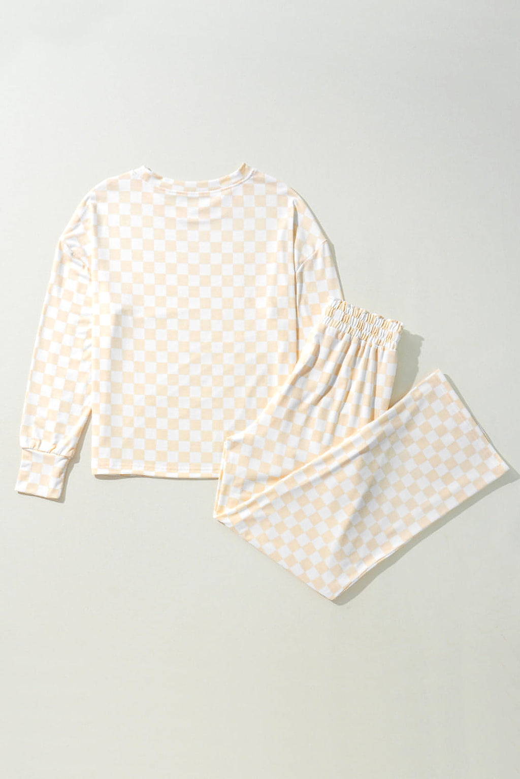 Beige Checkered Print Long Sleeve Top and Pants Lounge Set - enhanced image 6