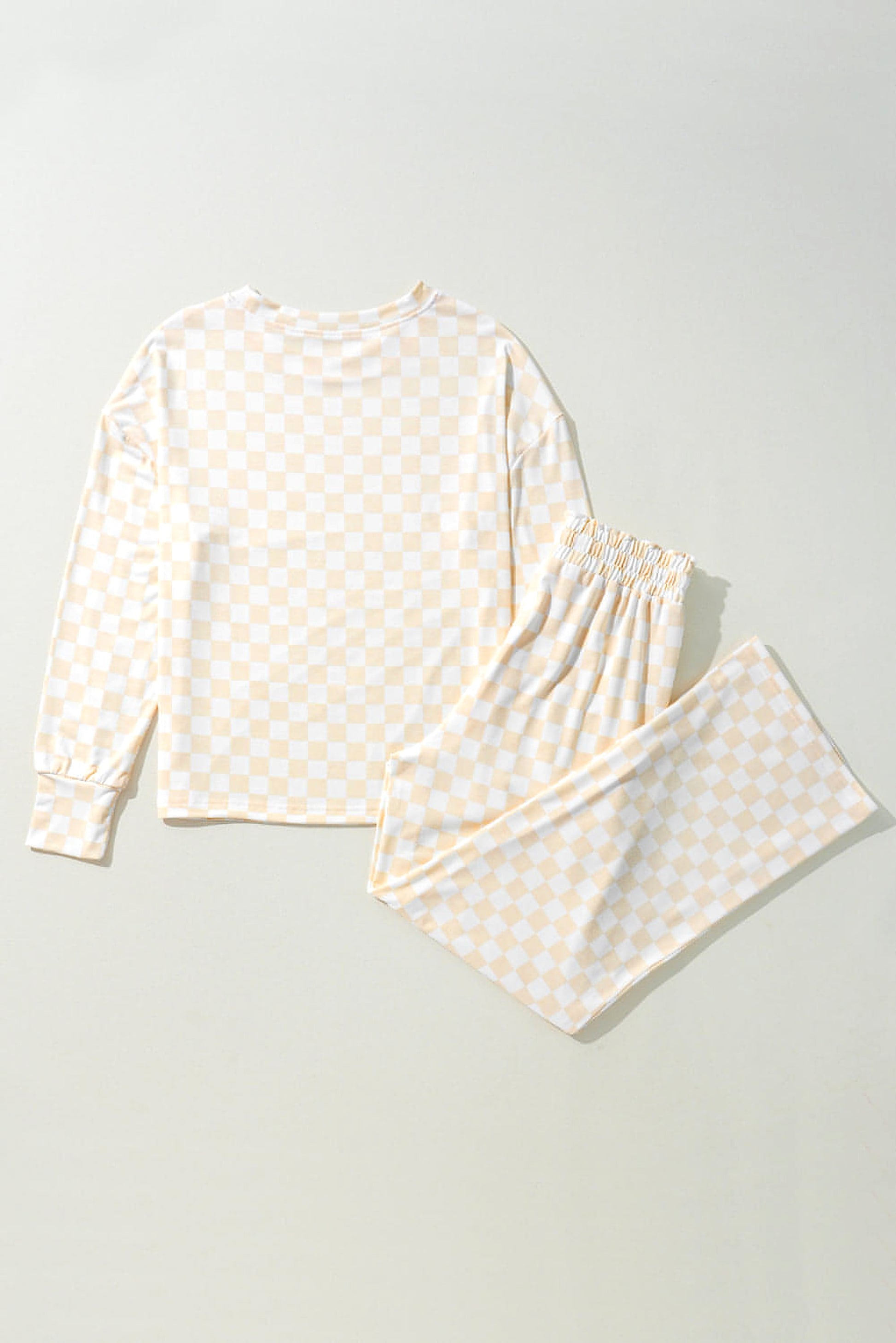 Beige Checkered Print Long Sleeve Top and Pants Lounge Set - enhanced image 6