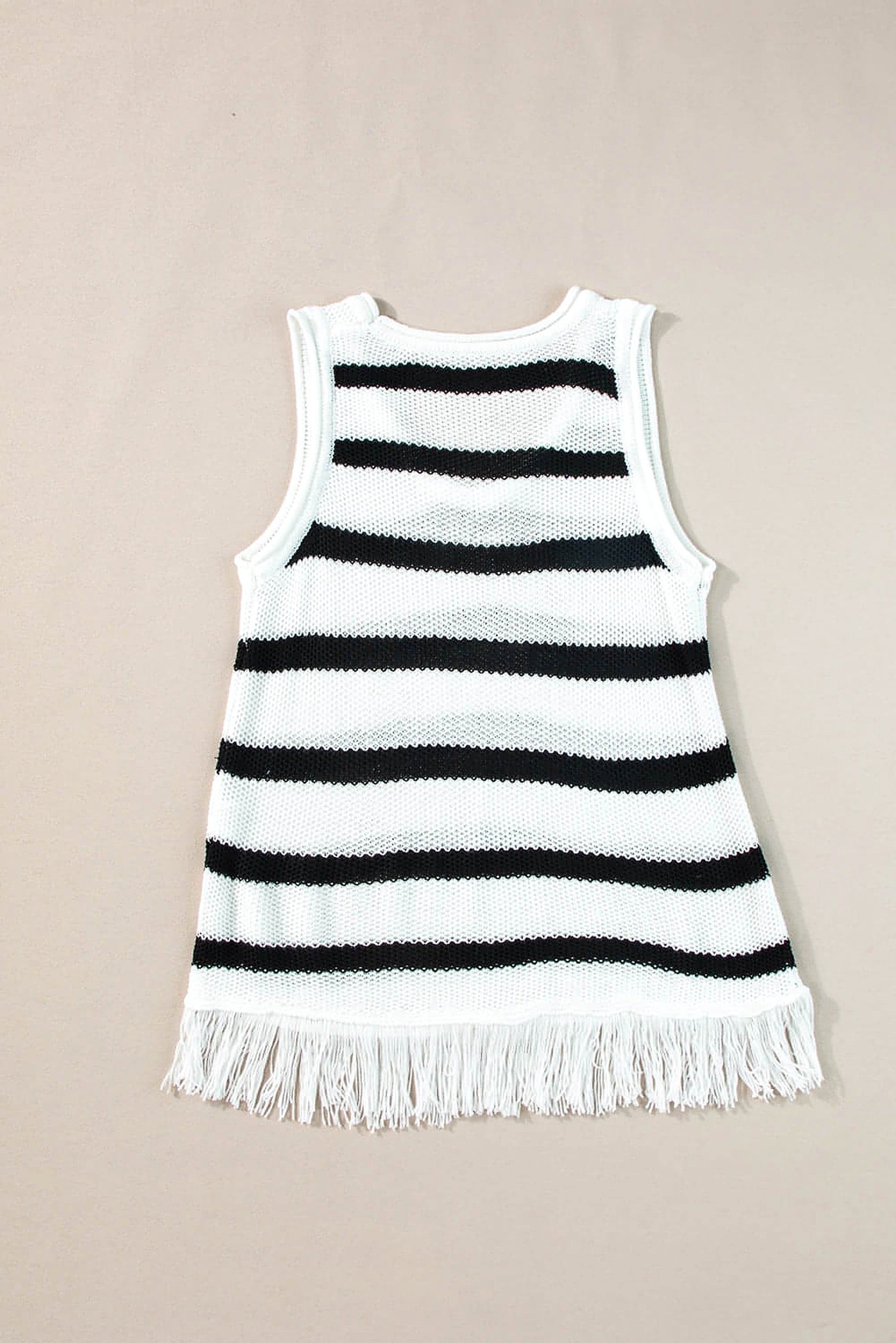 Beige Stripe Loose Knit Fringe Tank Top - enhanced image 6
