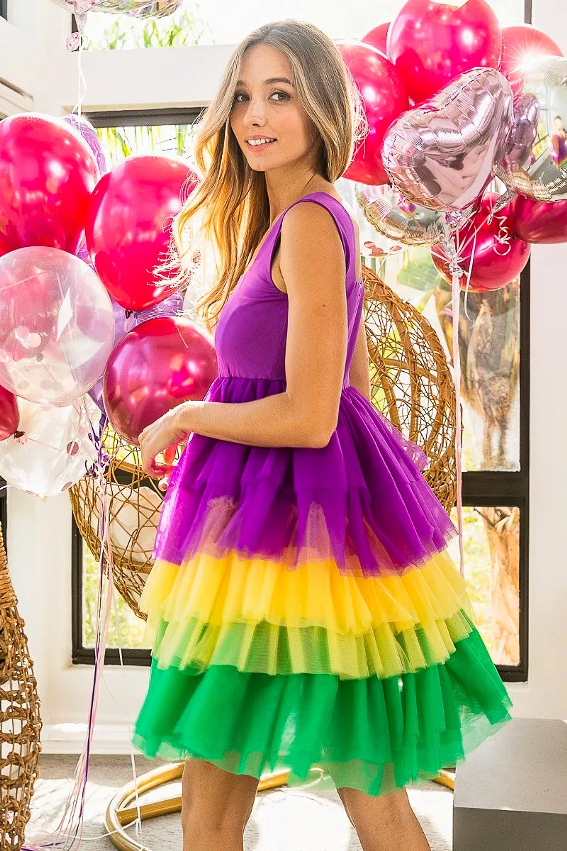 BiBi Mardi Gras Color Block Layered Mesh Tiered Dress - enhanced image 6