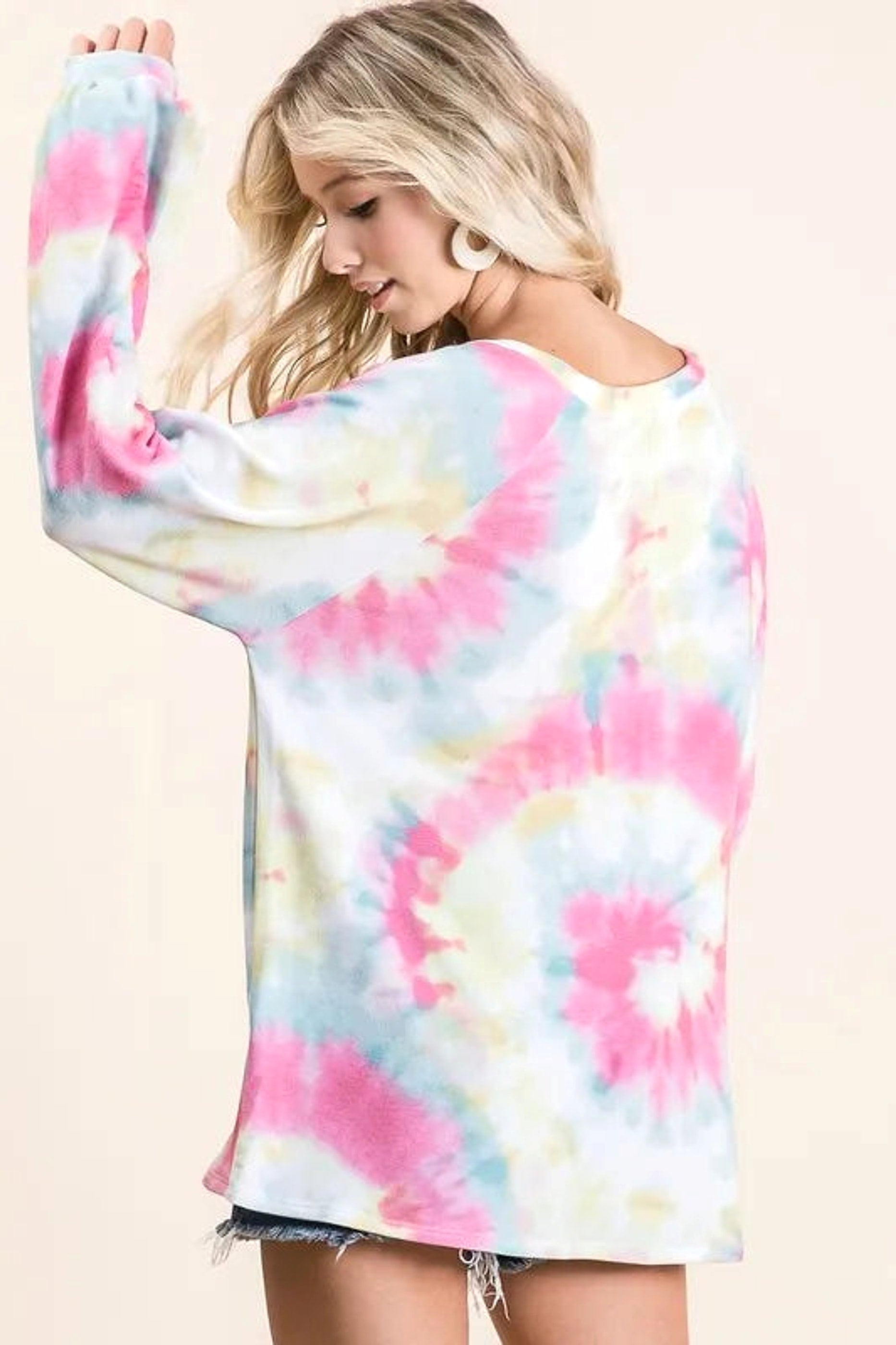 BiBi Tie Dye Print Terry Top With Puff Sleeves - enhanced image 6