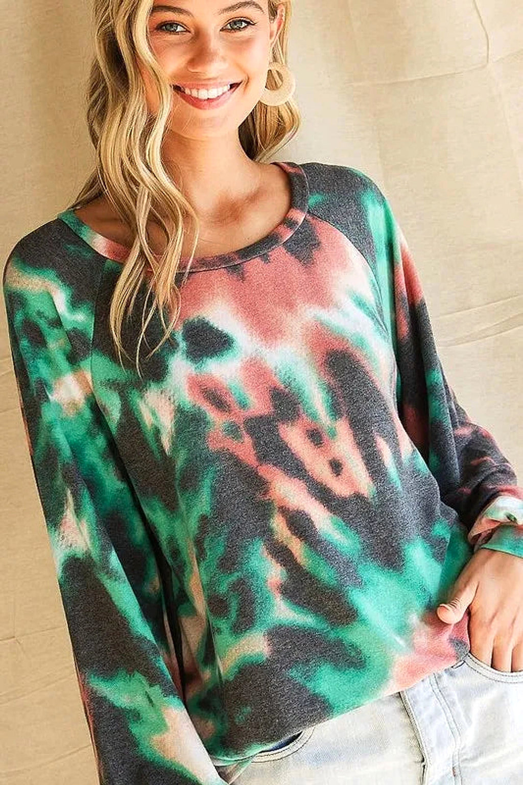 BiBi Tie Dye Print Terry Top with Puff Sleeves - enhanced image 6