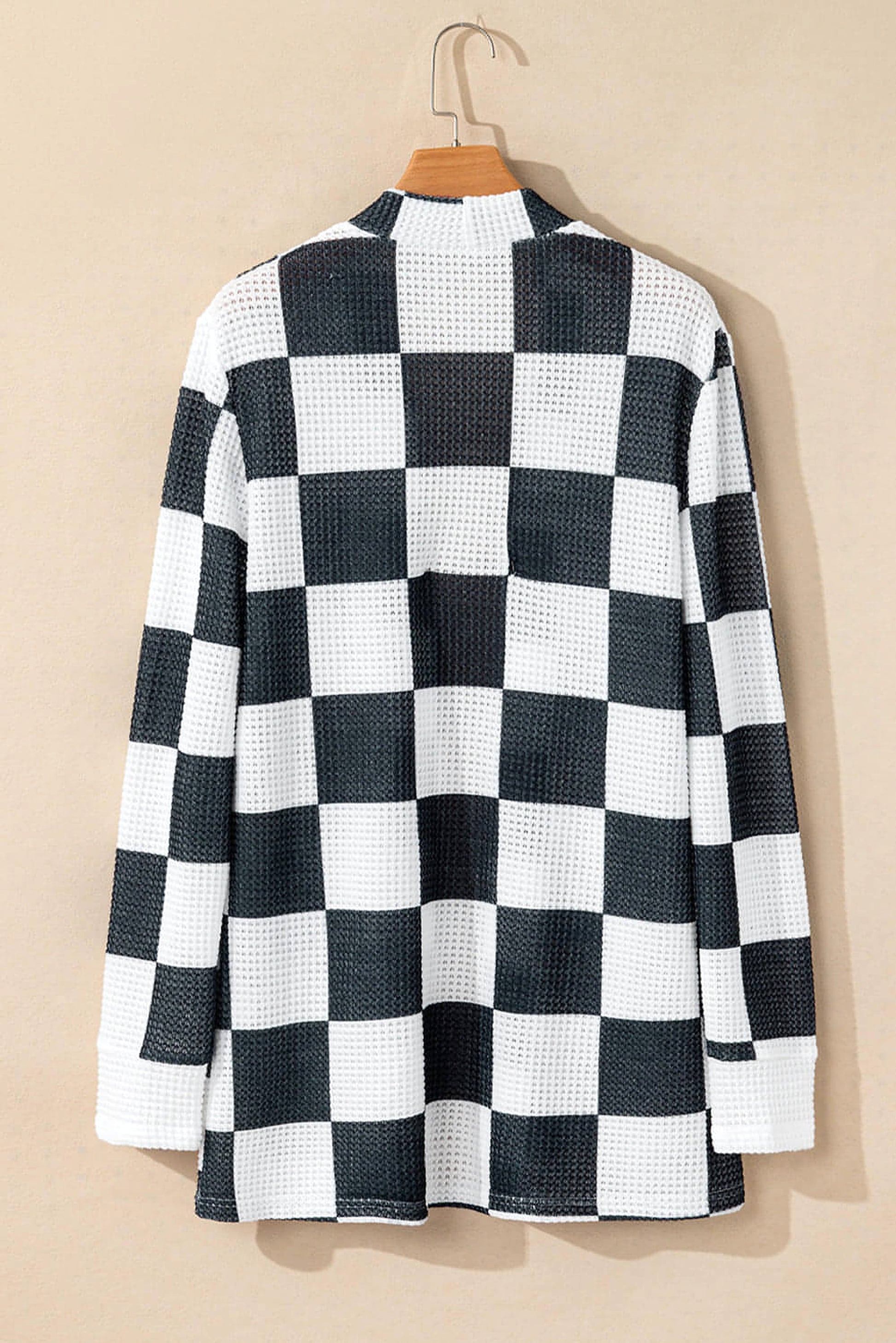 Black Checkered Waffle Knit Thumbhole Open Front Cardigan - enhanced image 6