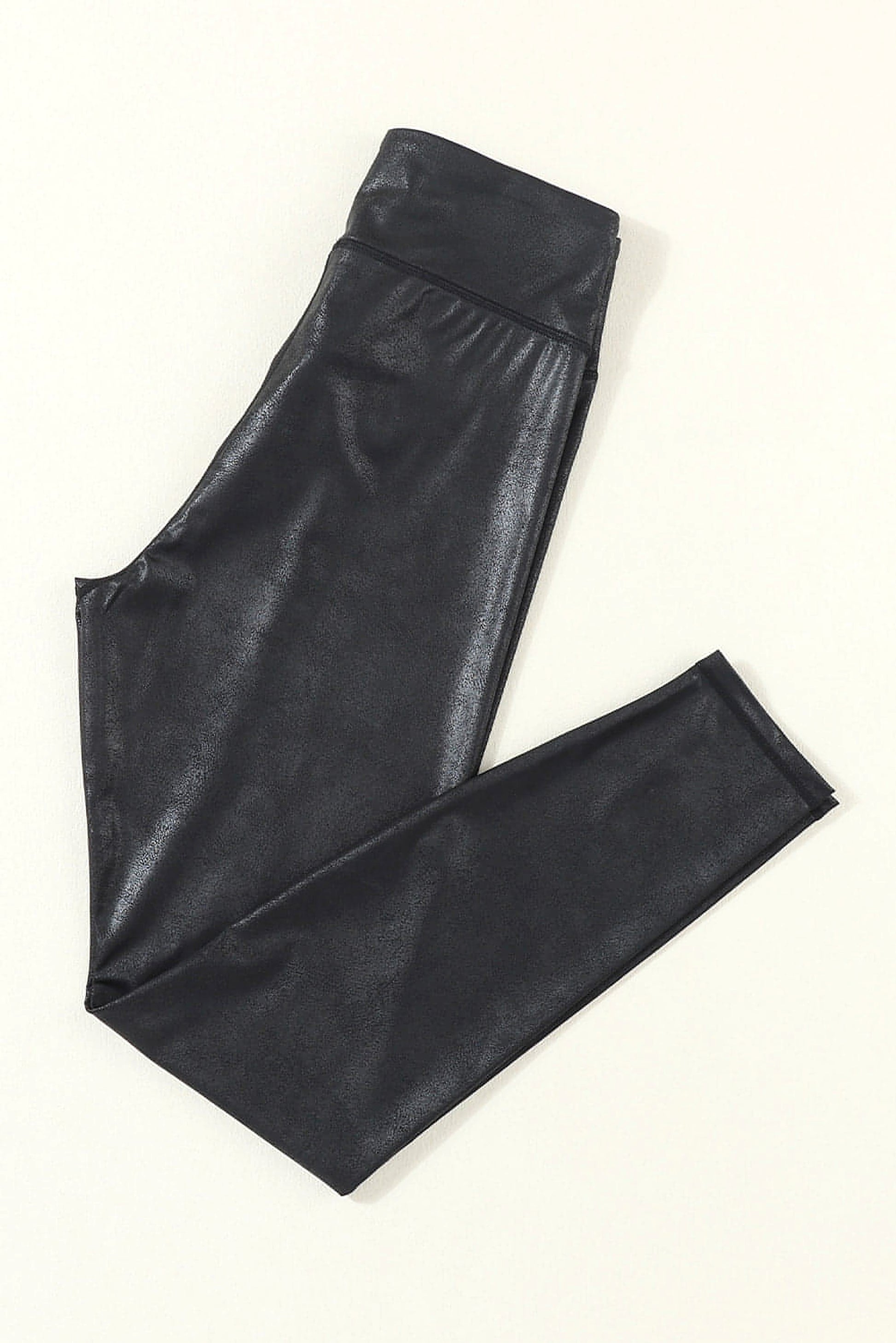 Black Crossed Dip Waist Sleek Leather Leggings - enhanced image 6