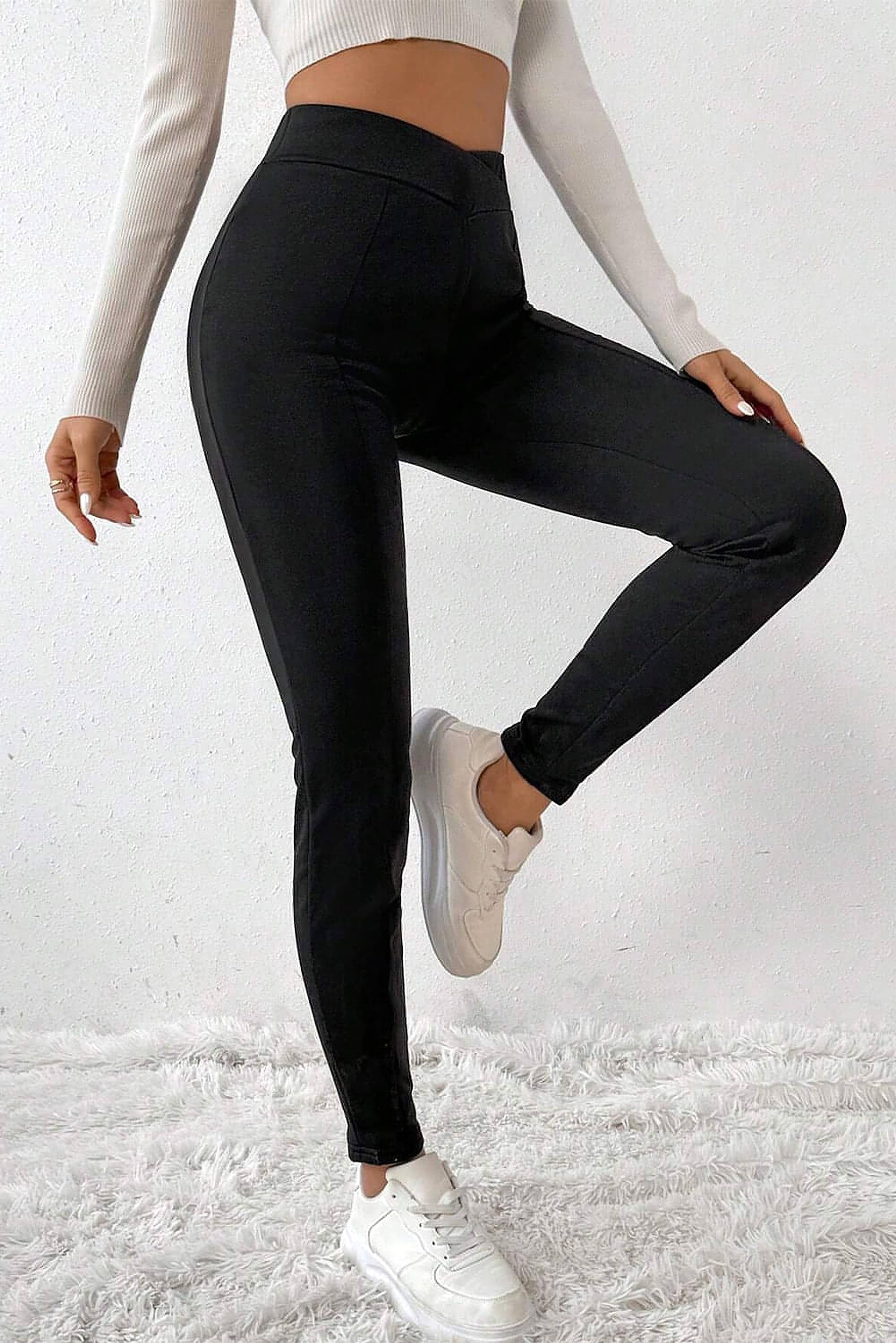 Black Crossed Waist Seamed Leg Thermal Leggings - enhanced image 6