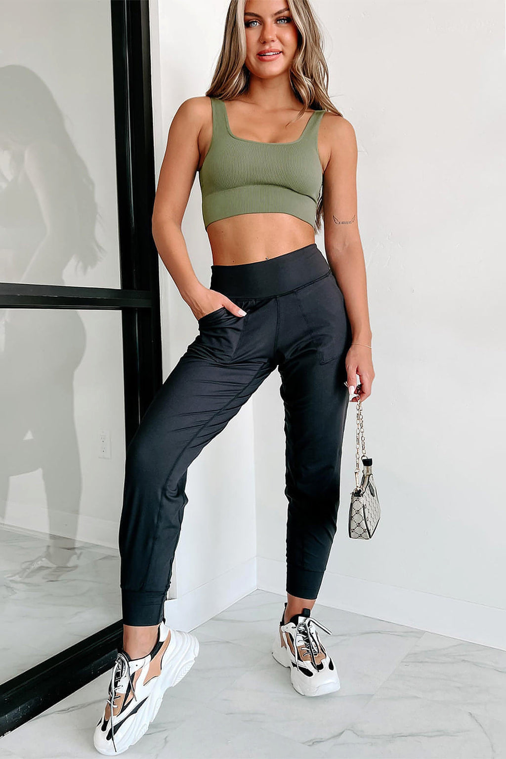 Black Exposed Seam High Waist Pocketed Joggers - enhanced image 6