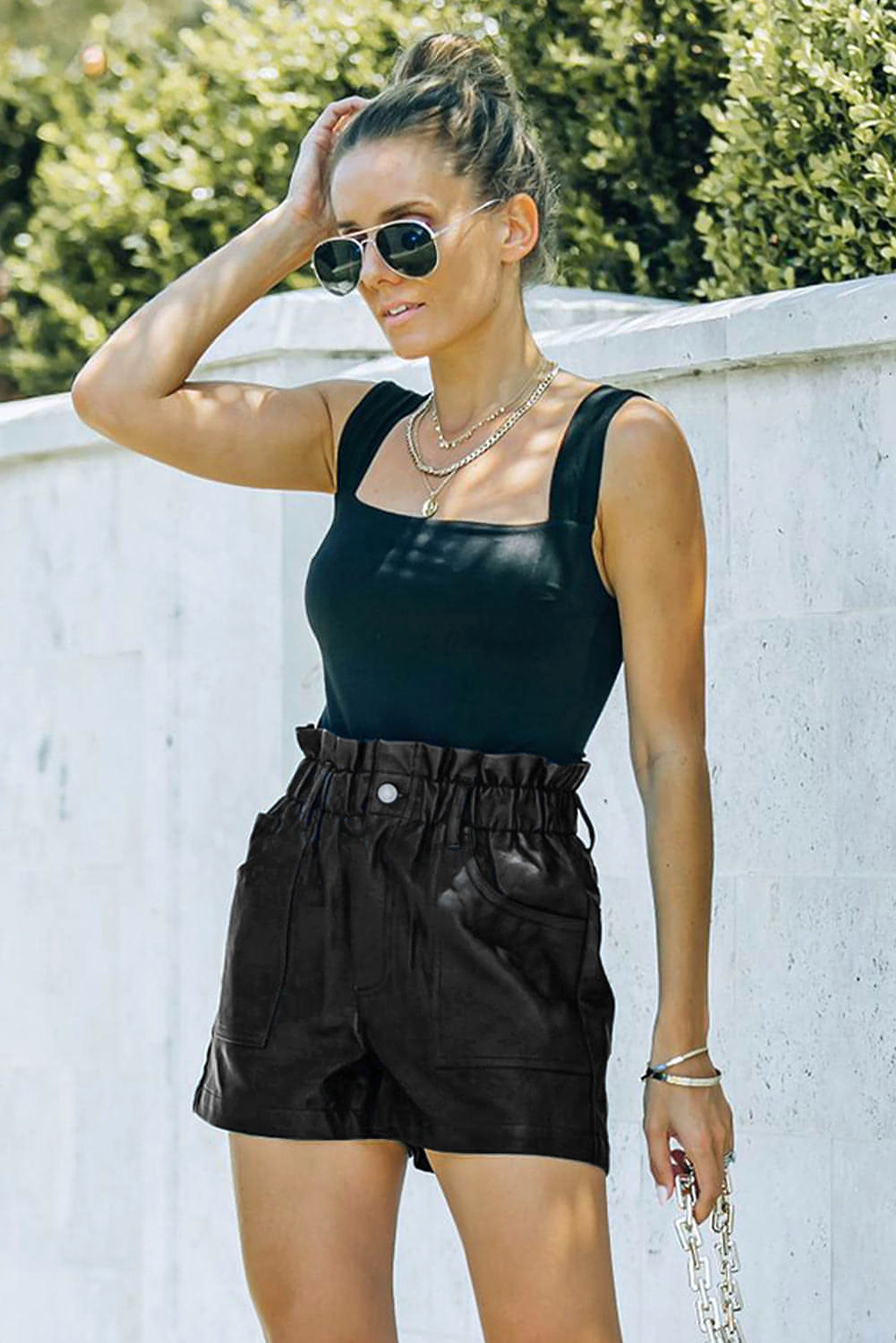 Black Faux Leather Paper Bag Waist High Rise Shorts - enhanced image 6