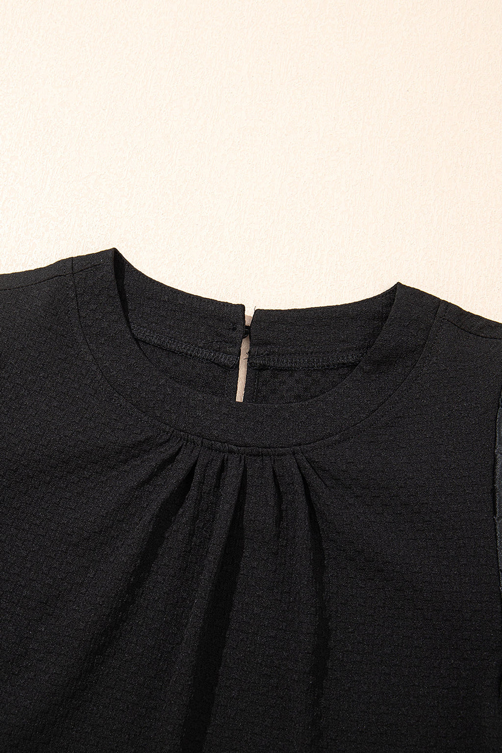 Black Feather Bubble Sleeve Patchwork Textured Blouse - enhanced image 6