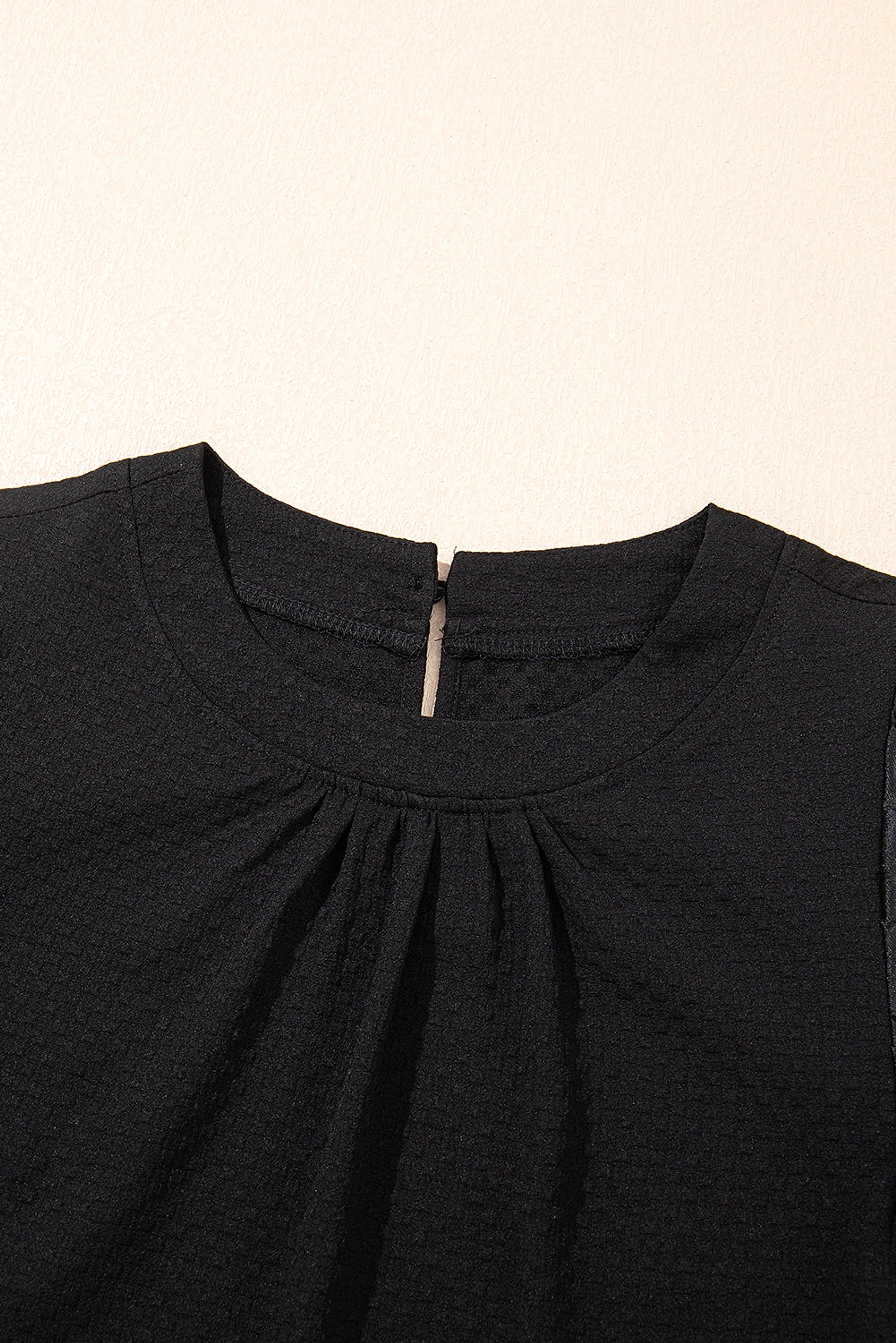 Black Feather Bubble Sleeve Patchwork Textured Blouse - enhanced image 6