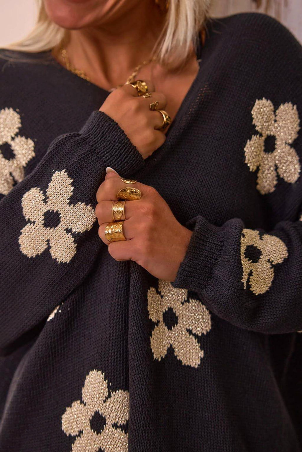 Black Floral Print Knitted Open Front Loose Cardigan - enhanced image 6