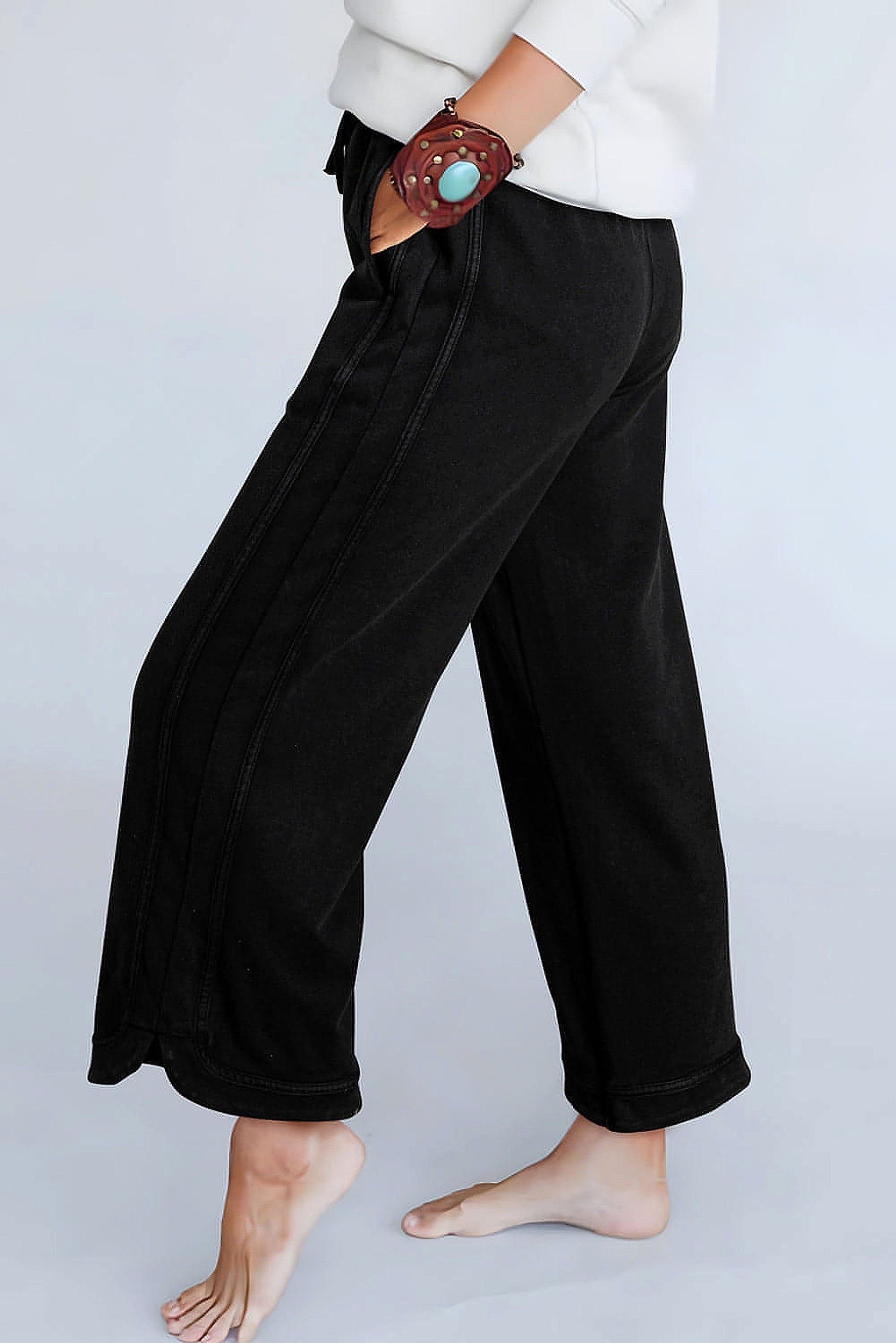 Black Mineral Wash Exposed Seam Wide Leg Pants - enhanced image 6