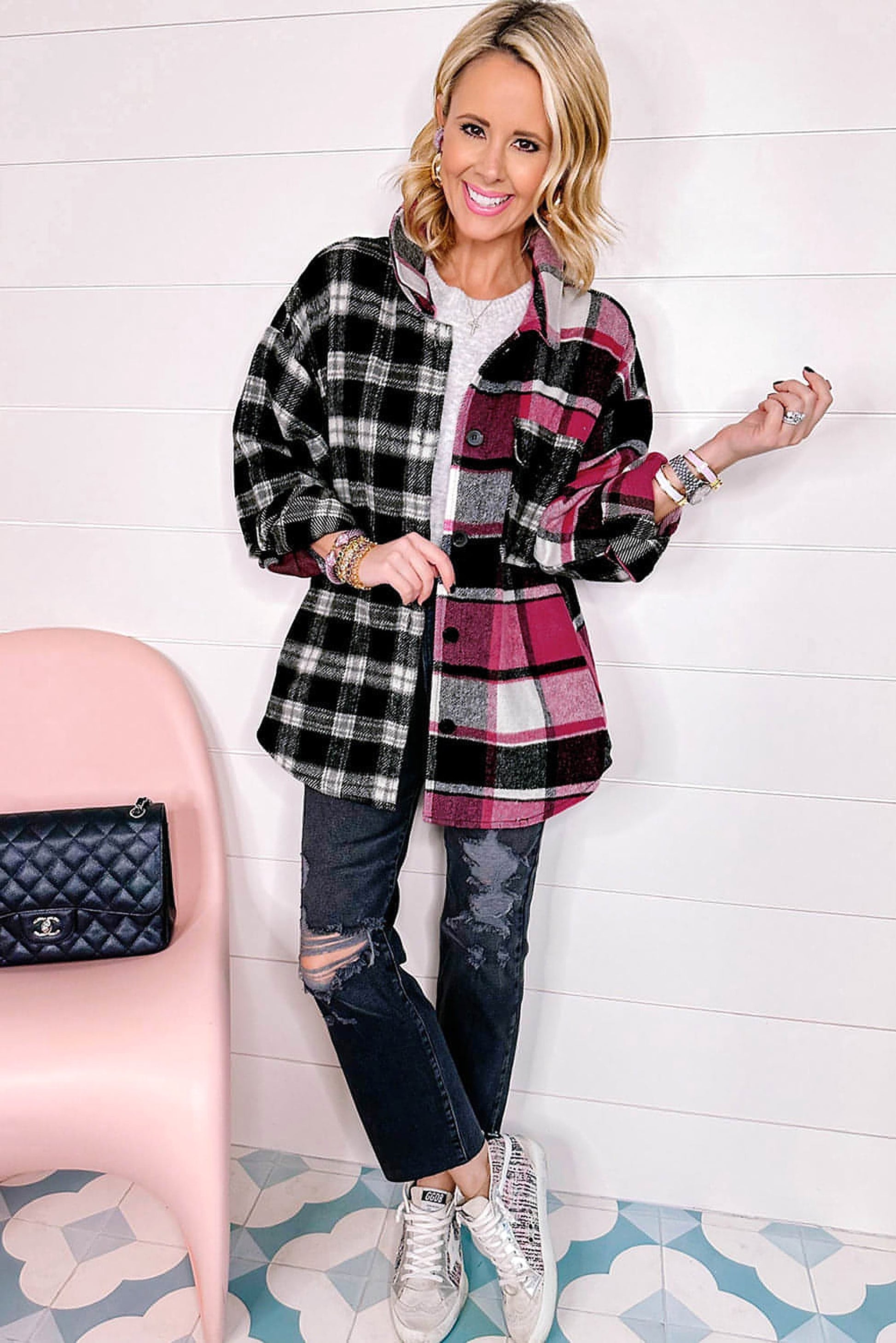 Black Plaid Colorblock Loose Shacket - enhanced image 6