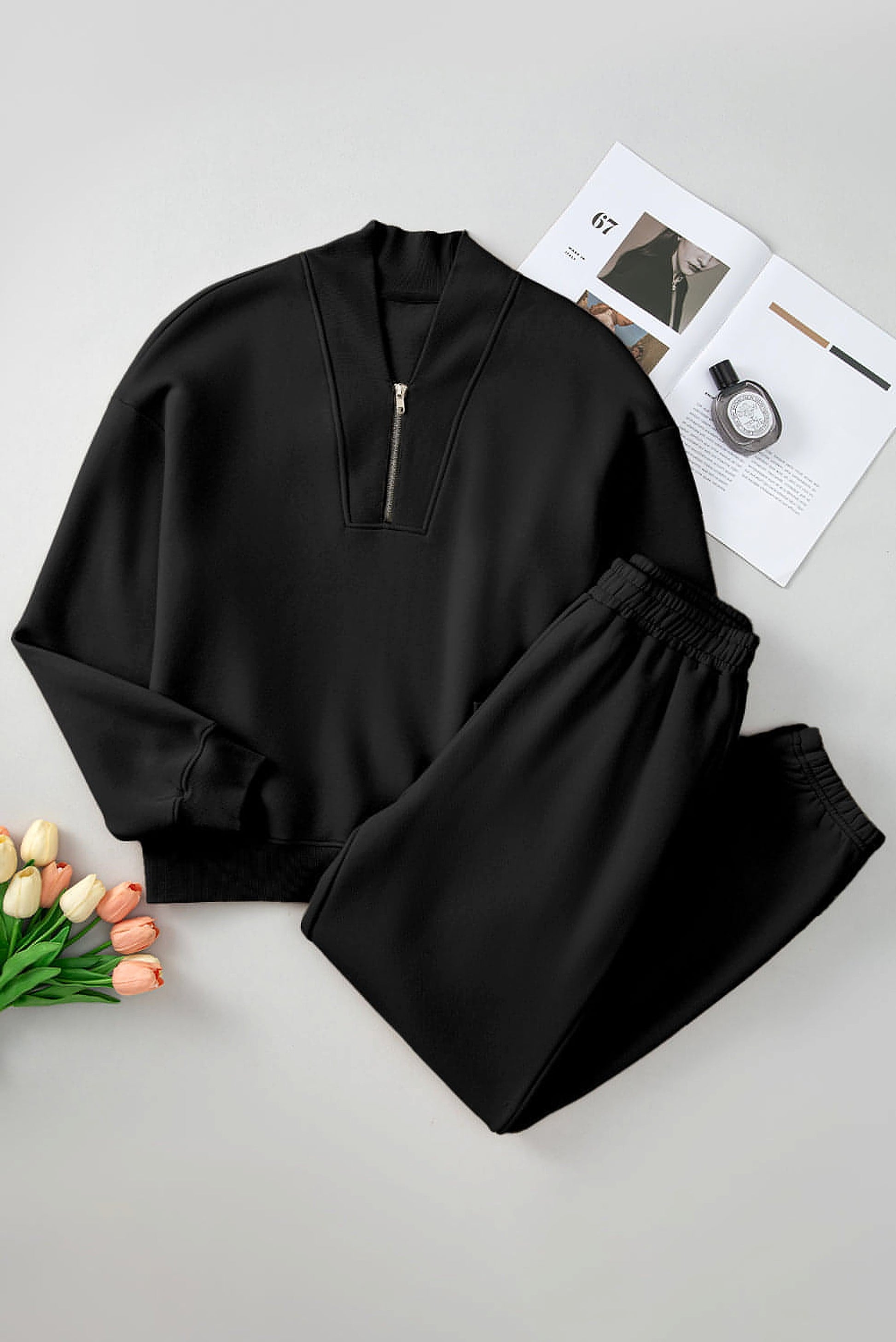 Black Plain Half Zip V Neck Ribbed Edge Loose Tracksuit - enhanced image 6