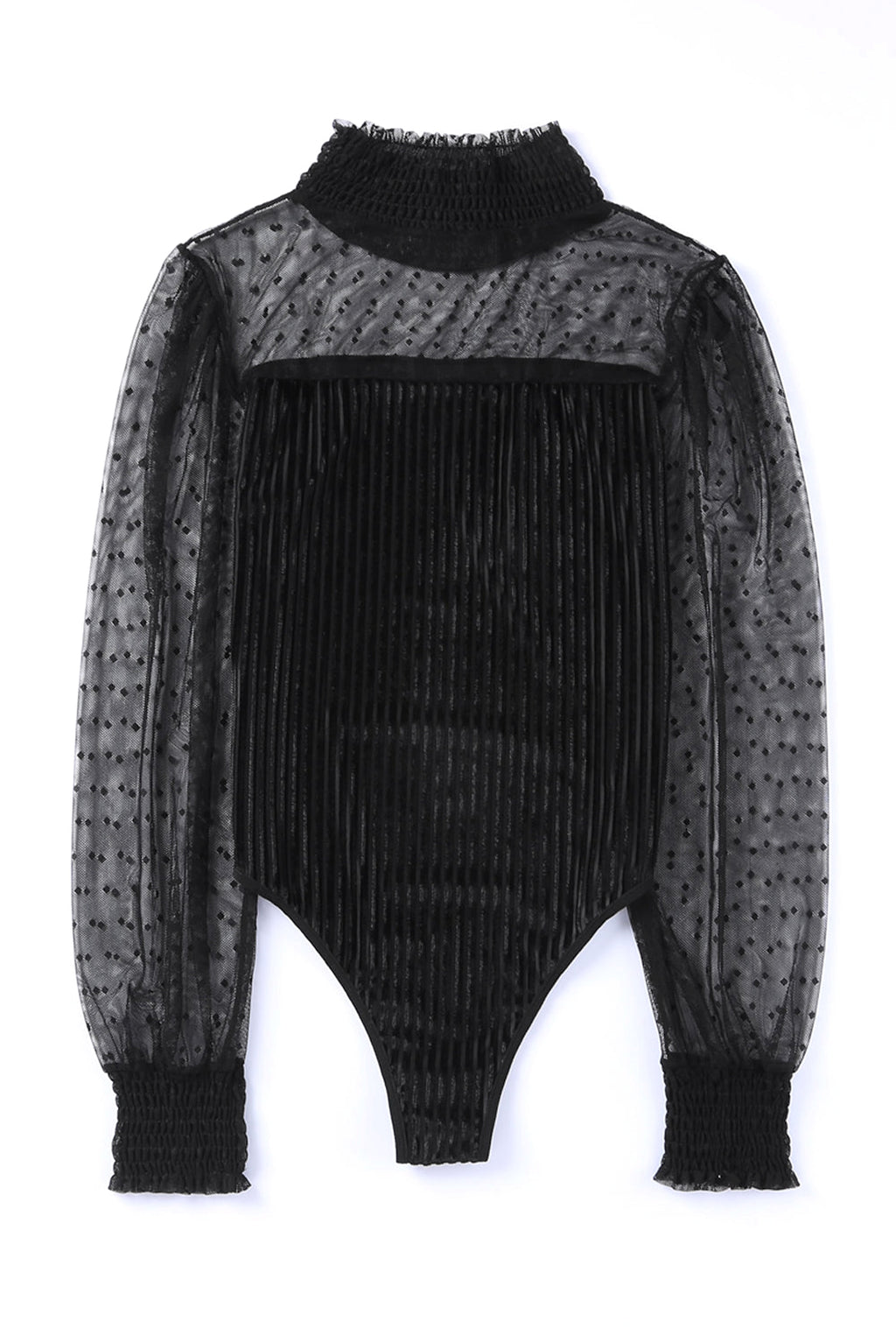Black Sheer Dotty Long Sleeve Ribbed Velvet Bodysuit - enhanced image 6