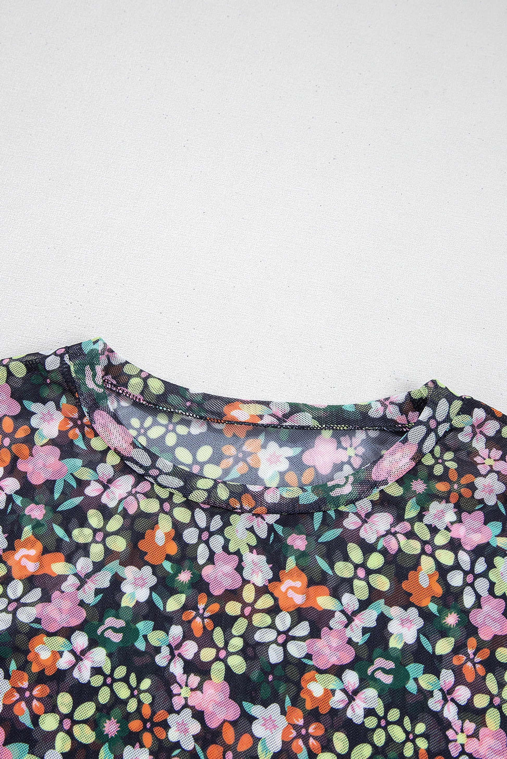 Black Sheer Floral Mesh Round Neck T Shirt - enhanced image 6