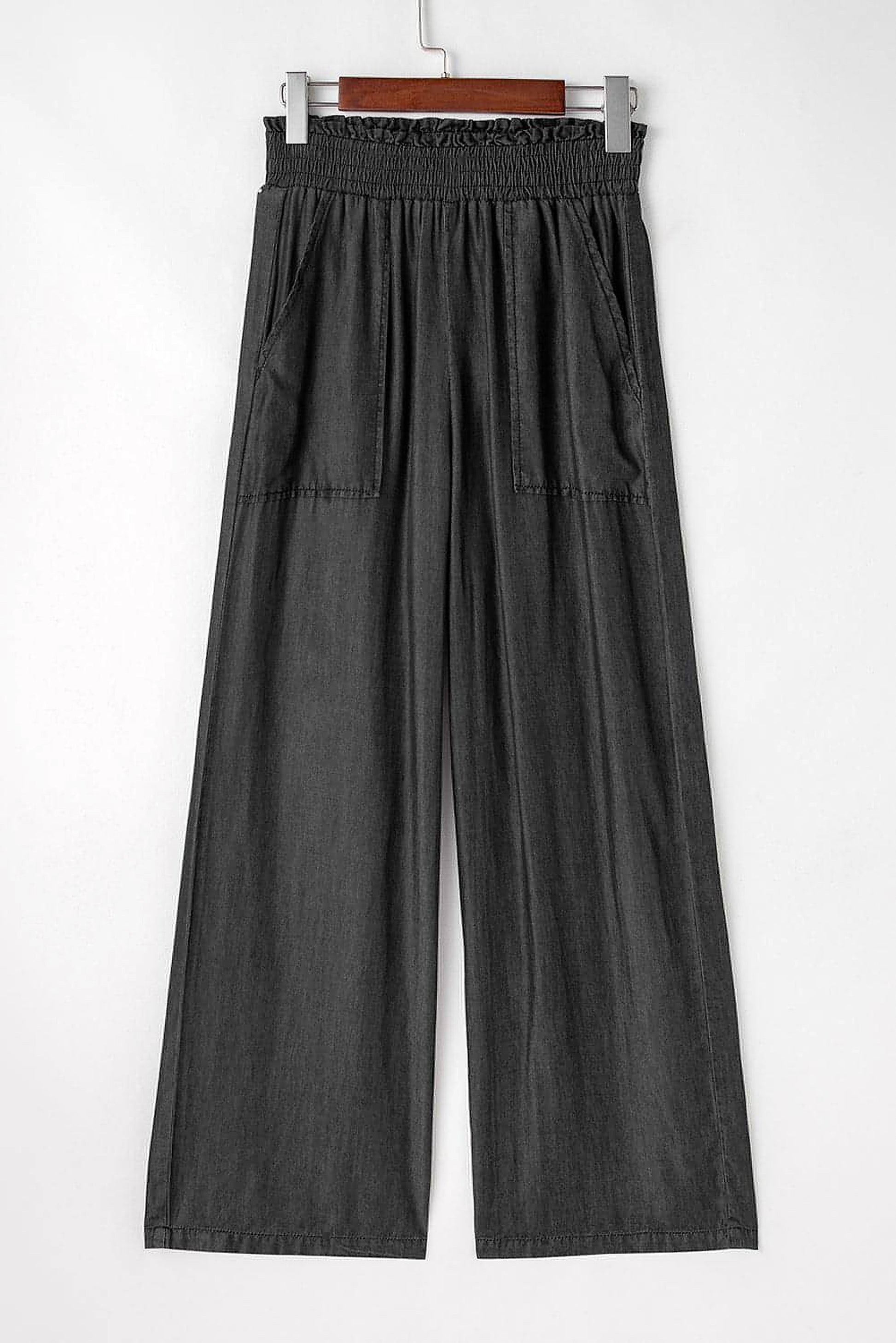 Black Side Pockets Frilled Smocked High Waist Wide Leg Jeans - enhanced image 6