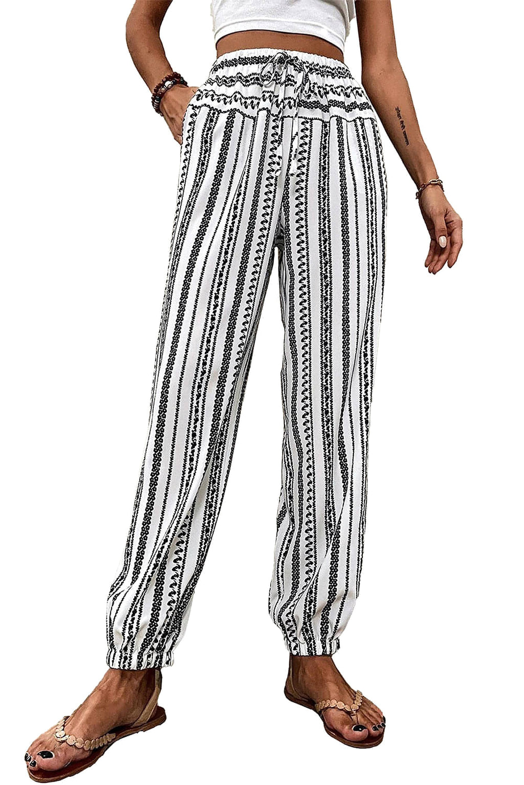 Black Stripe Boho Striped Print Casual Pants - enhanced image 6