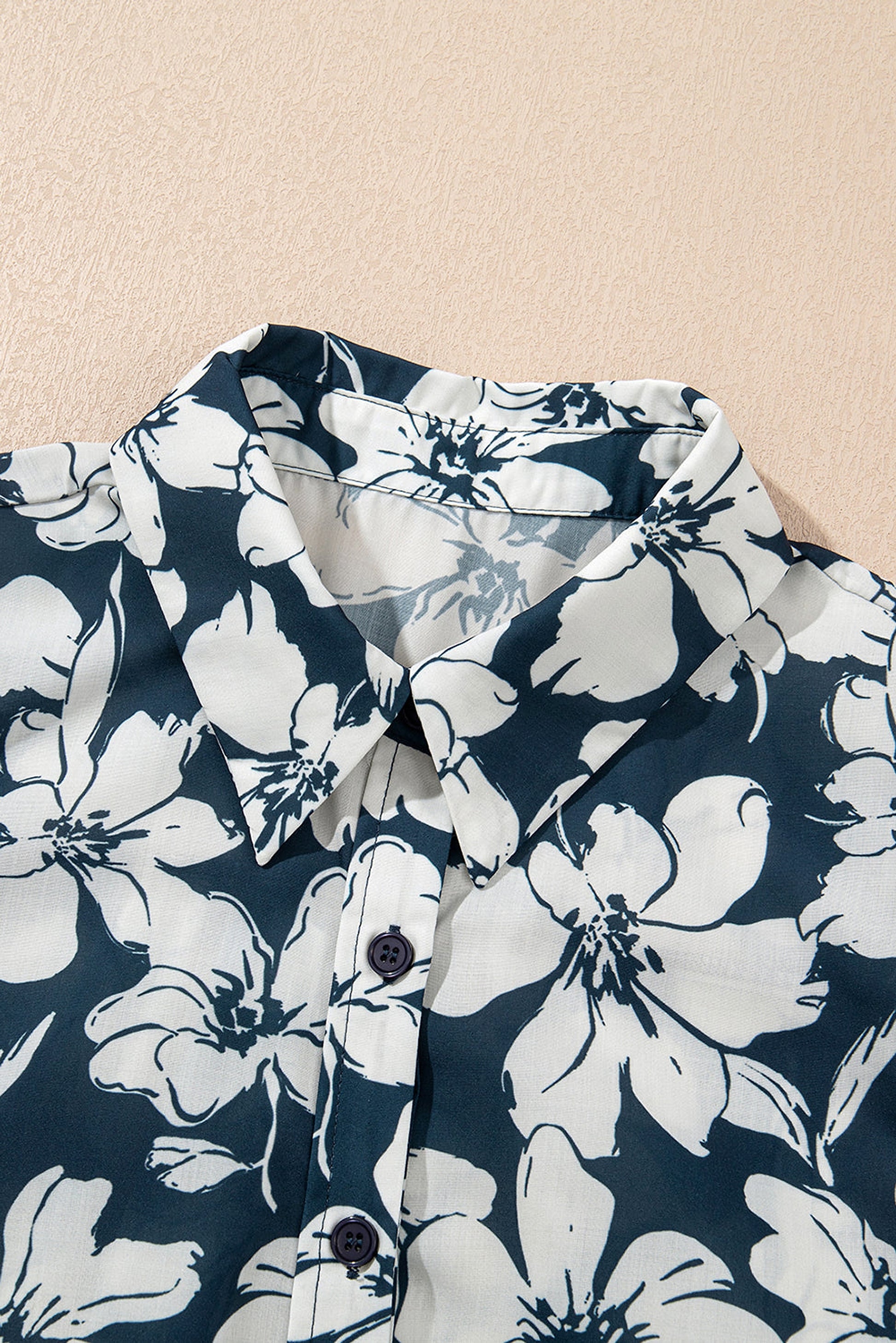 Blue Floral Short Puff Sleeve Summer Shirt - enhanced image 6