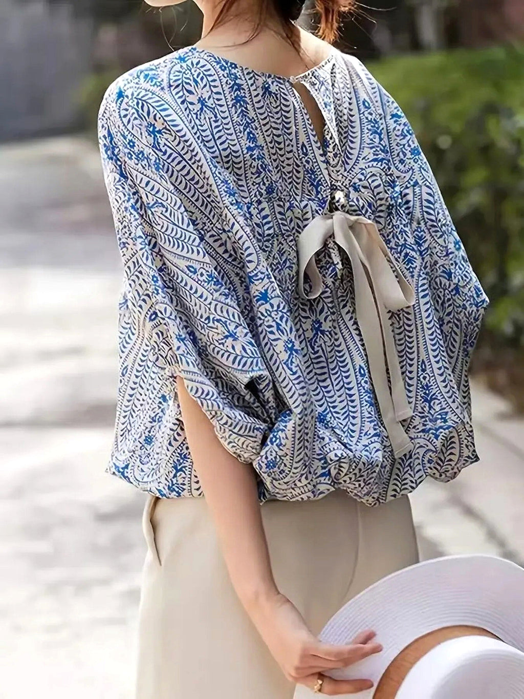 Bohemian Print Round Neck Loose Batwing Sleeve Blouse - enhanced image 6