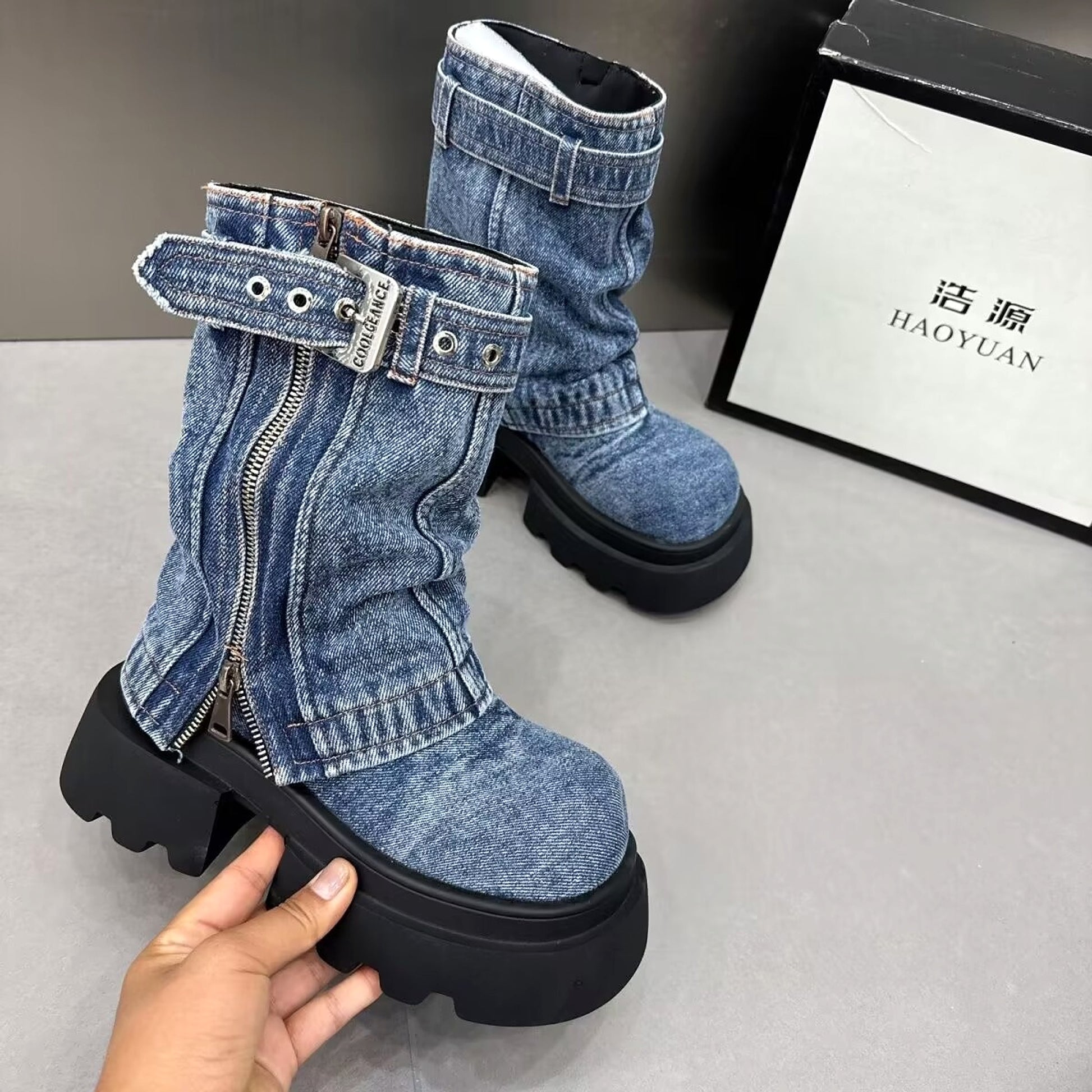 Boots Denim Fake Two Pieces Pile Style Boots Motorcycle Boots - enhanced image 6