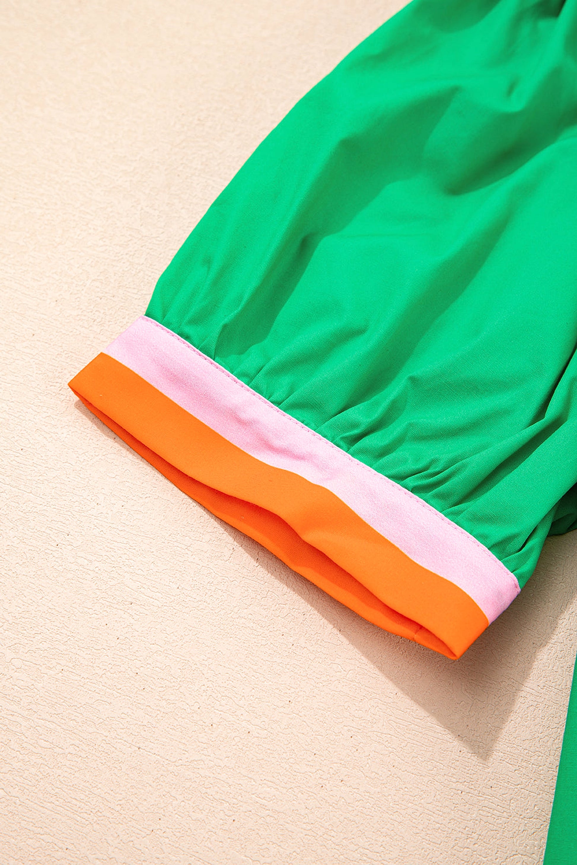 Bright Green Contrast Striped V Neck Collision Short Puff Sleeve Blouse - enhanced image 6